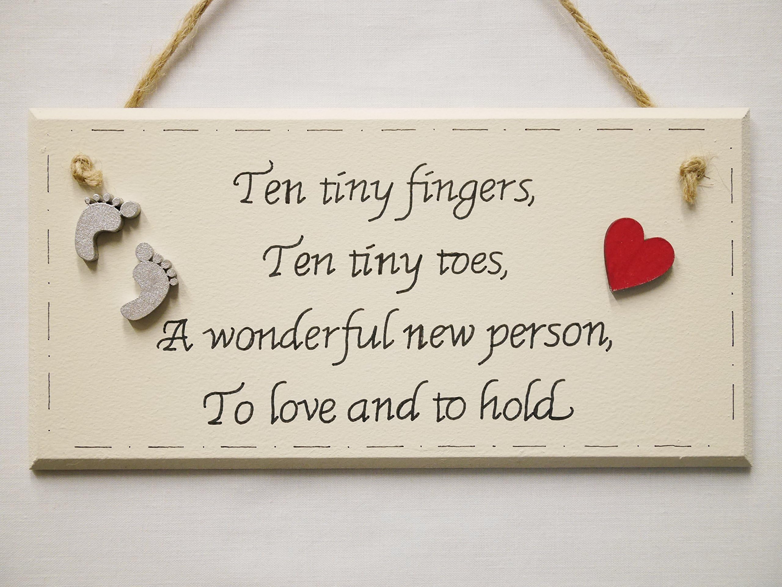 Wood Plaque Hand Painted and Handwritten New Baby Hanging Wall Art Adorned with Baby Feet and Heart. 8" x 4"
