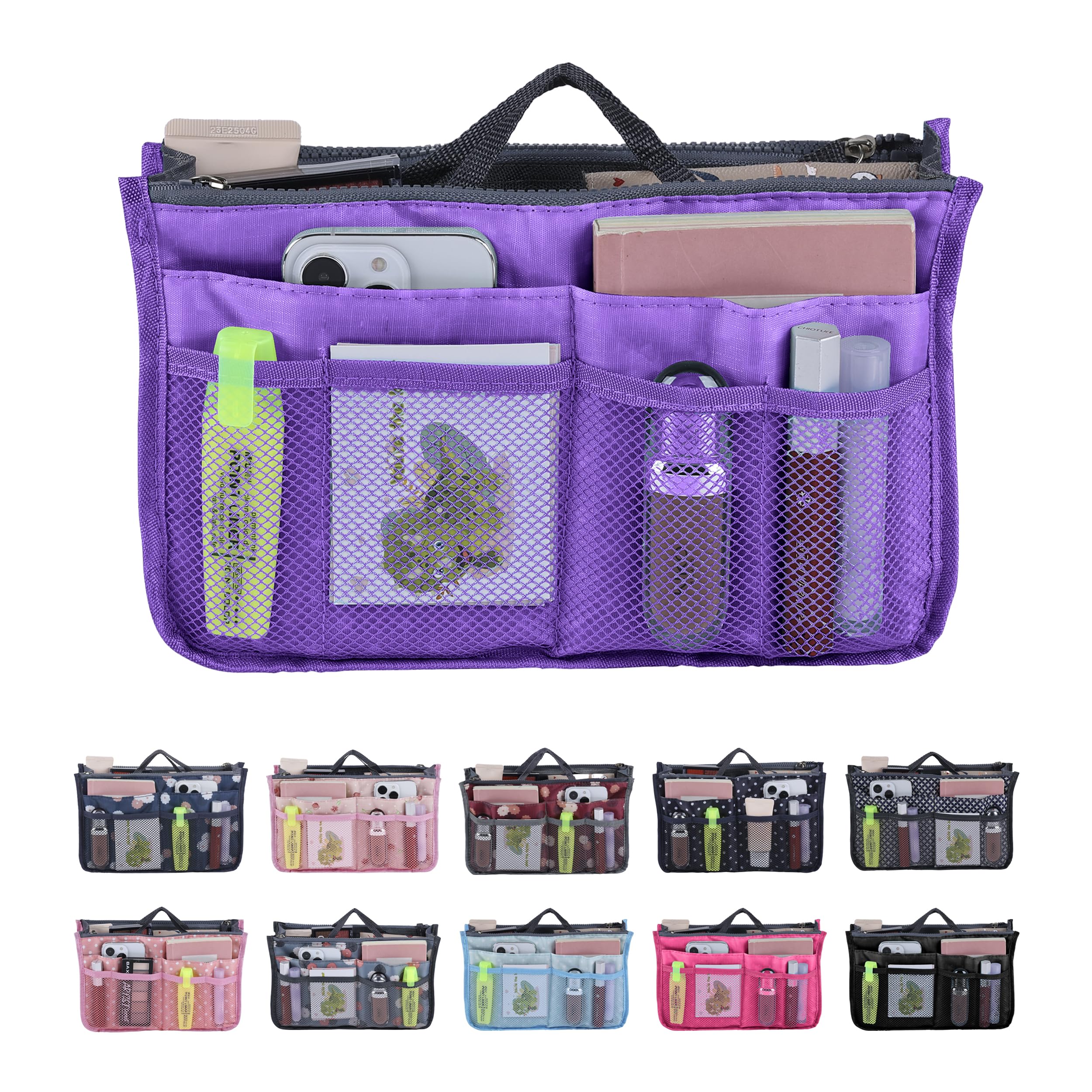 JJ PRIME - Multi-Compartment Handbag Insert | Expandable Liner Bag Pouch Zipper Closure | Tote Bag Organiser Insert with 13 Pockets and Handle for Easy Lifting (Travel, Cosmetics, Toiletries), Purple