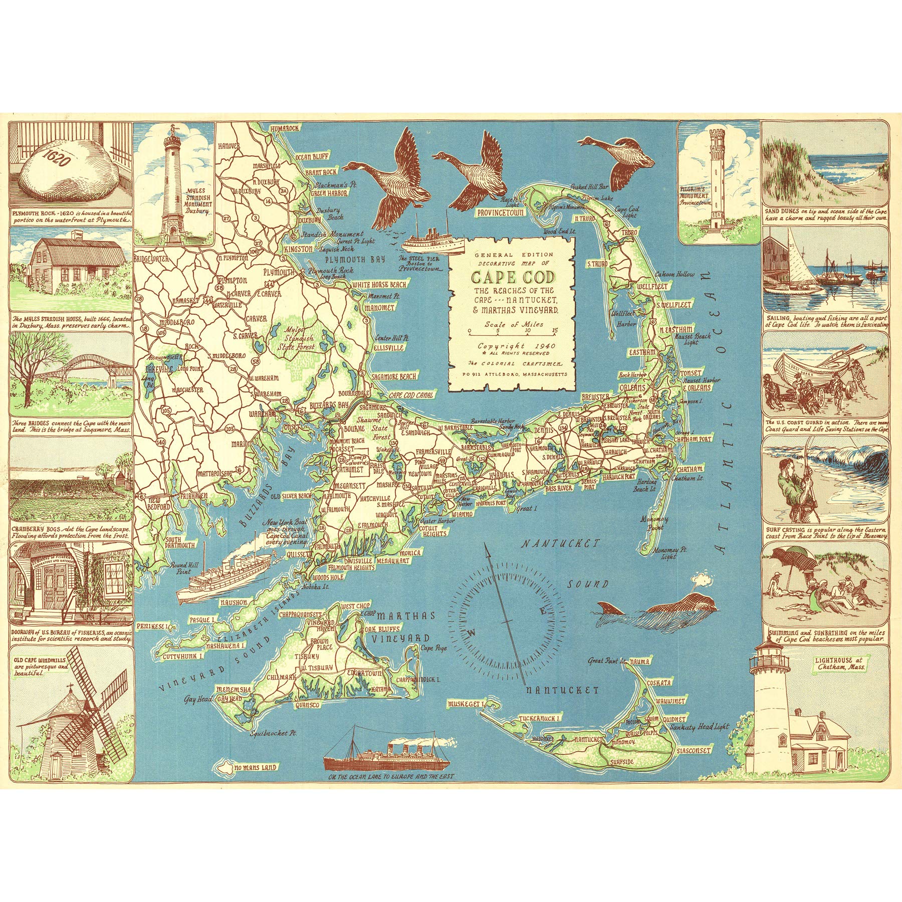 Colonial Craftsman 1940 Map Cape Cod MA USA Large Wall Art Print Canvas Premium Mural