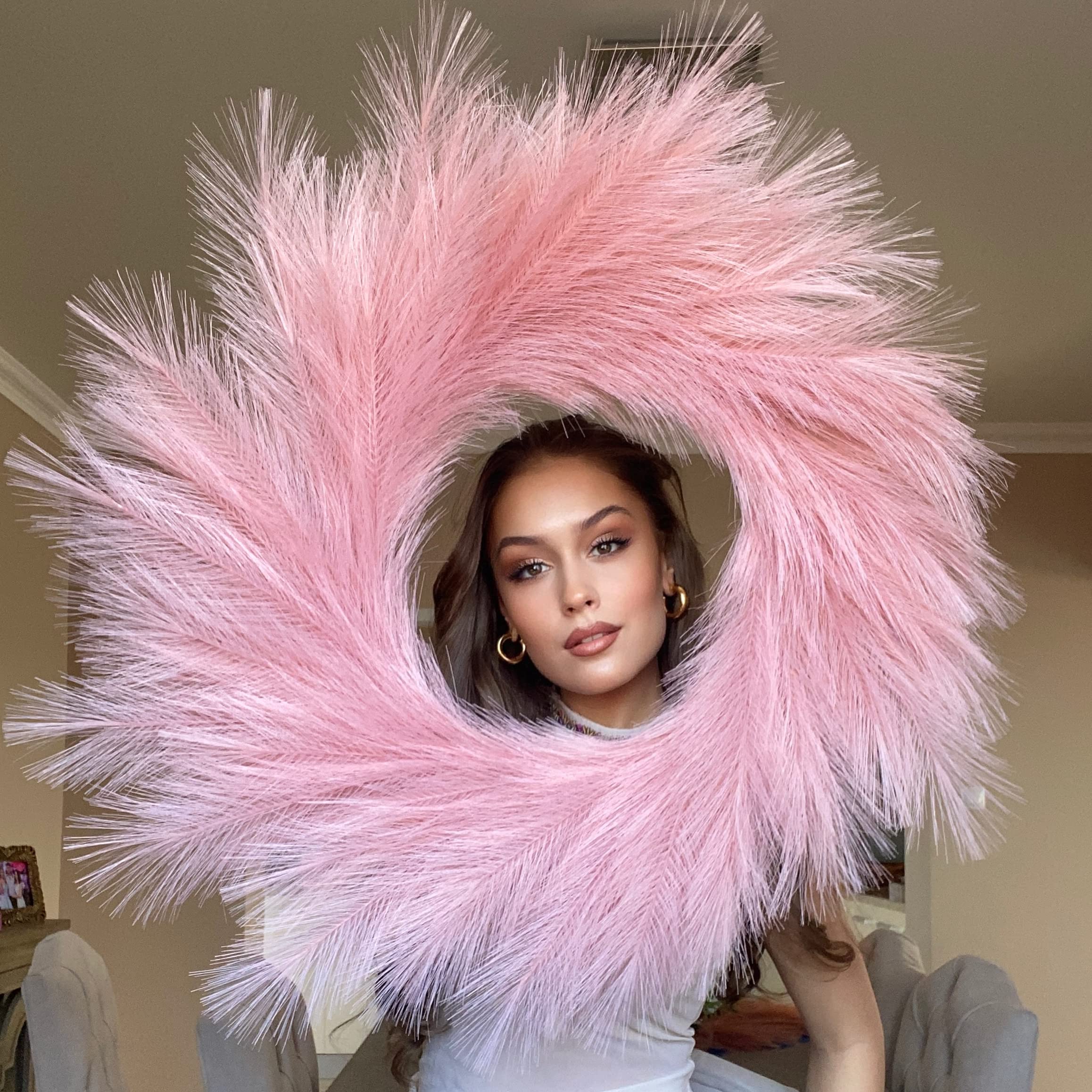 VOULUX Large Fluffy Artificial Faux Pampas Grass Wreath 27" Pink - Feather Boho Indoor Farmhouse Wall Decor With Baby Sea Grass and Wheat for Front Door
