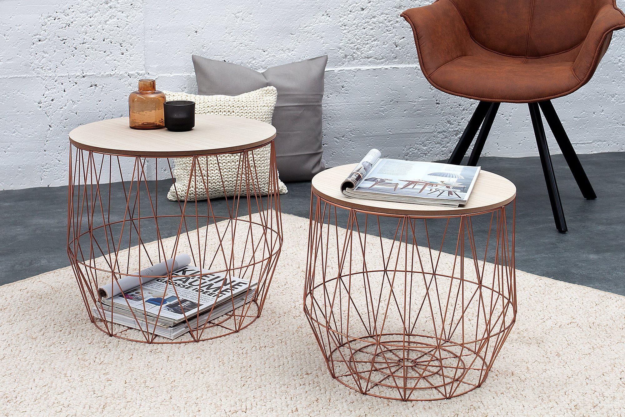 DuNord Design Coffee Table Coffee Table Arezzo Copper Oak Desk Shelf Basket Metal Round Set Of 2