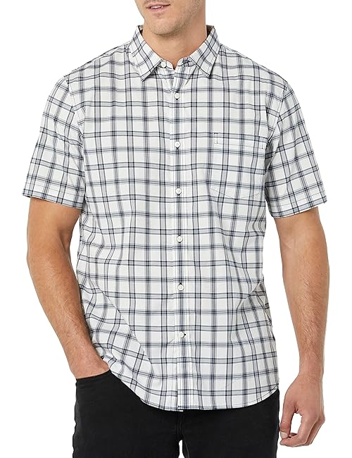 Amazon Essentials Men's Slim-Fit Short-Sleeve Poplin Shirt, Navy White Plaid, X-Small