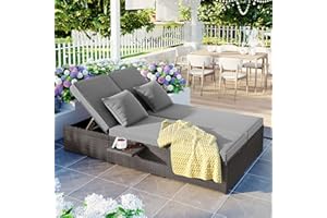 XD DESIGNS Outdoor PE Rattan Daybed Double Reclining Chairs with Adjustable Backrest and Cup Tray, All Weather Patio Sunbed Lounge Chair Conversations Sofa with Thick Cushions and Pillows for 2 Person (Gray-D)