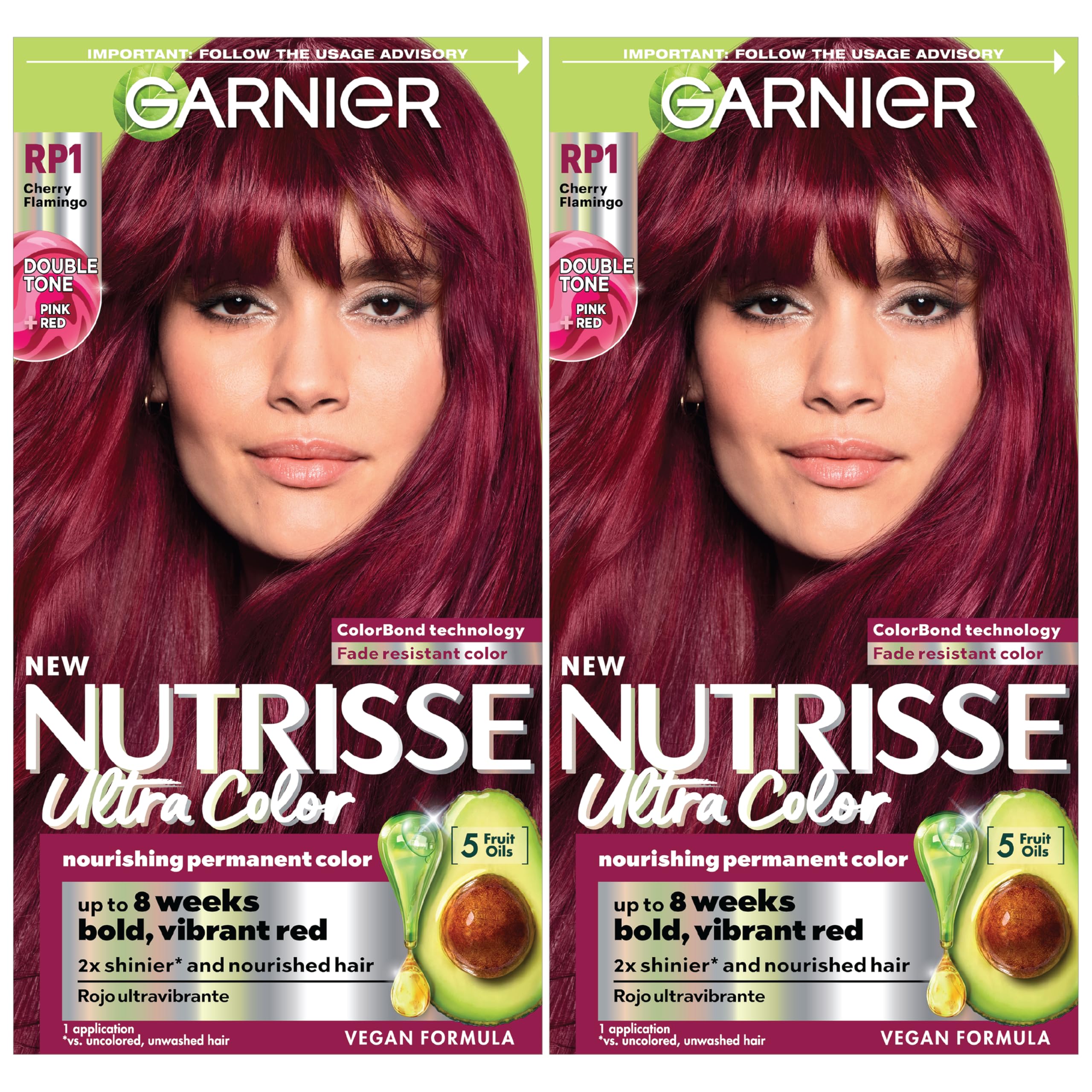 Garnier Hair Color Nutrisse Ultra Color Nourishing Creme, RP1 Dark Intense Pink Red (Cherry Flamingo) Permanent Hair Dye, 2 Count (Packaging May Vary)