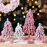 Soulchen 4 Pcs Mini Pink Christmas Tree Snow Tabletop Tree Decor 3 Size Flocked Mini Tabletop Pine Trees with Wooden Base Pastel Pink White Artificial Desk Decor Xmas Winter Holiday Party Decorations