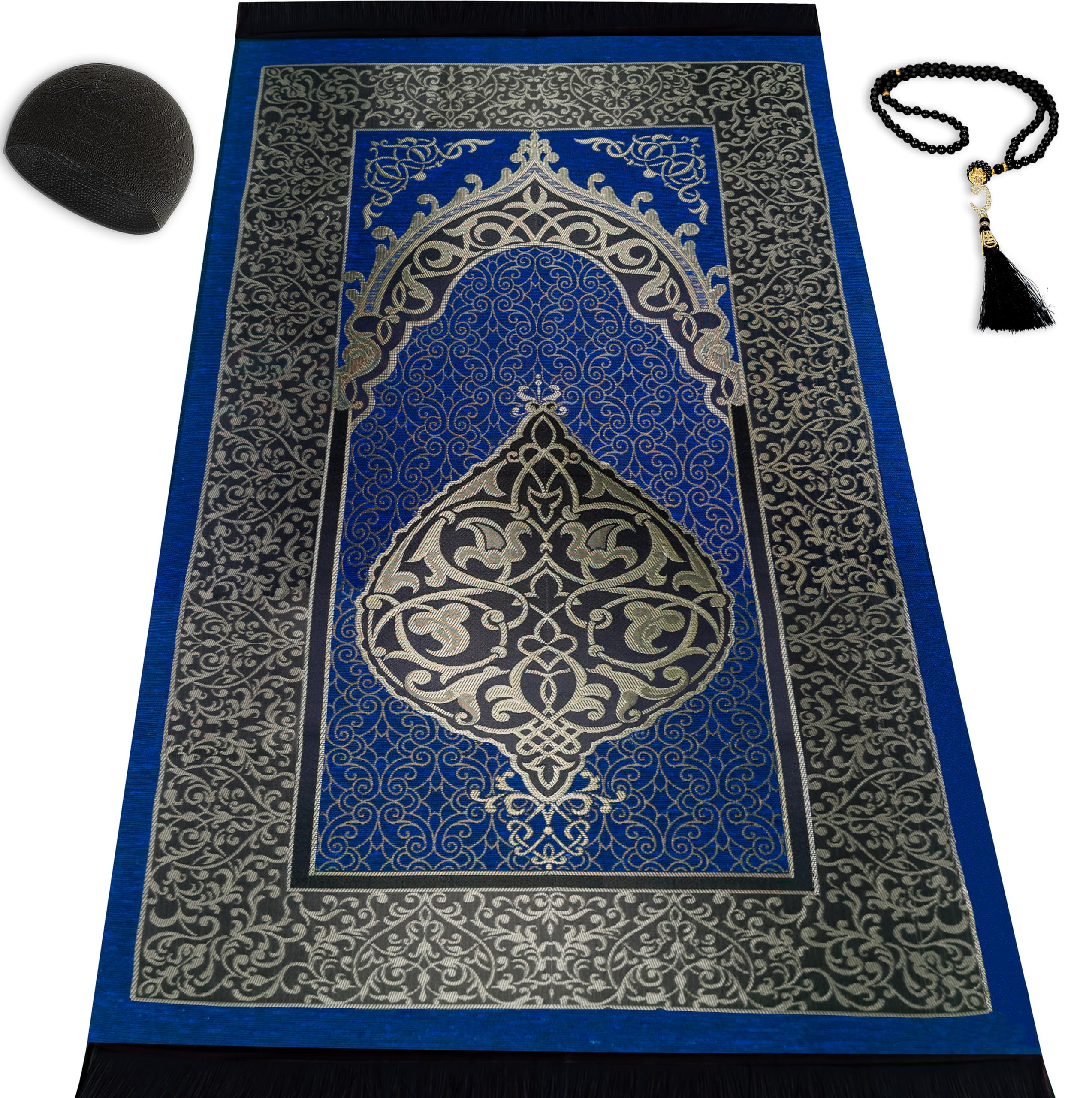 Photo 1 of Kapobia Muslim Prayer Rug Prayer Beads Kufi Hat for Men and Women 100% Breathable Black Skull Beanie Traditional Desing Prayer Mat Eid Ramadan Gifts Islamic Set Salah Mat Taffeta Fabric Soft (Blue)