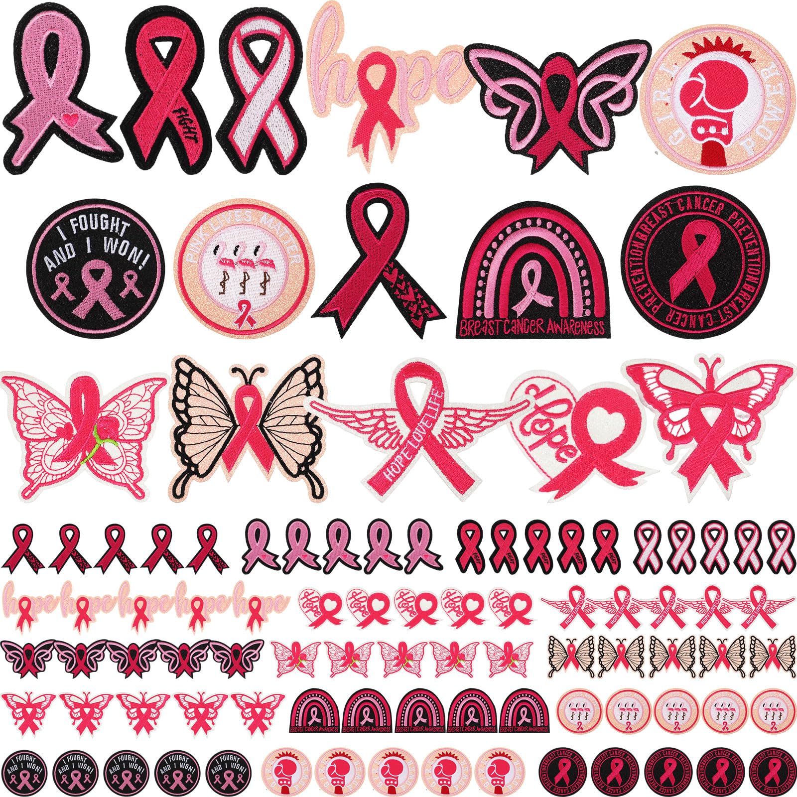 Photo 1 of Hoteam 80 Pcs Breast Cancer Awareness Iron on Patches Bulk, Pink Ribbon Sew Iron on Applique Embroidered Patches Decorative Repair Patch DIY Crafts Gift for Pink Ribbon Party Favor