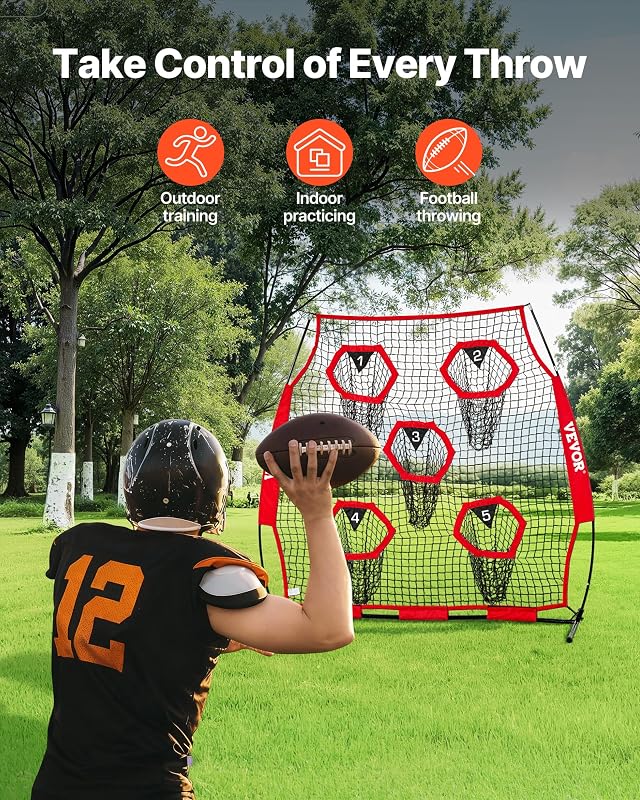 Fußballtrainer Wurfnetz Übungsnetz (208 x 91 x 189 cm) mit 5 Zieltaschen & tragbarer Aufbewahrungstasche & Gurten & knotenlosem Netz, Training für die Passgenauigkeit des Quarterbacks, rot