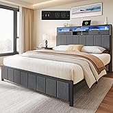 YITAHOME Full Size Bed Frame with Storage Headboard, LED Bed Frame with Drawers and Charging Station, Platform Bed with Sturdy Metal Support, No Box Spring Needed, Grey