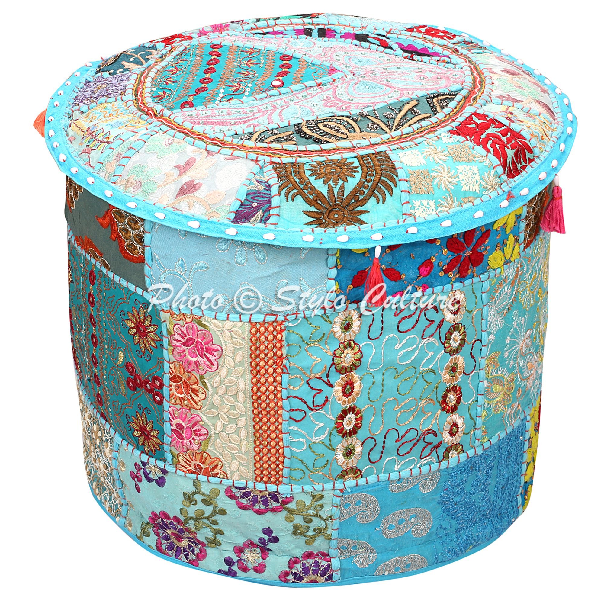 Stylo Culture Ottoman Pouffe Footstool Vintage Cover Turquoise Ethnic Embroidered Patchwork Cotton Traditional Round Fabric Ottoman Pouf Cover (16x16x13 Inch) 40cm (COVER ONLY)