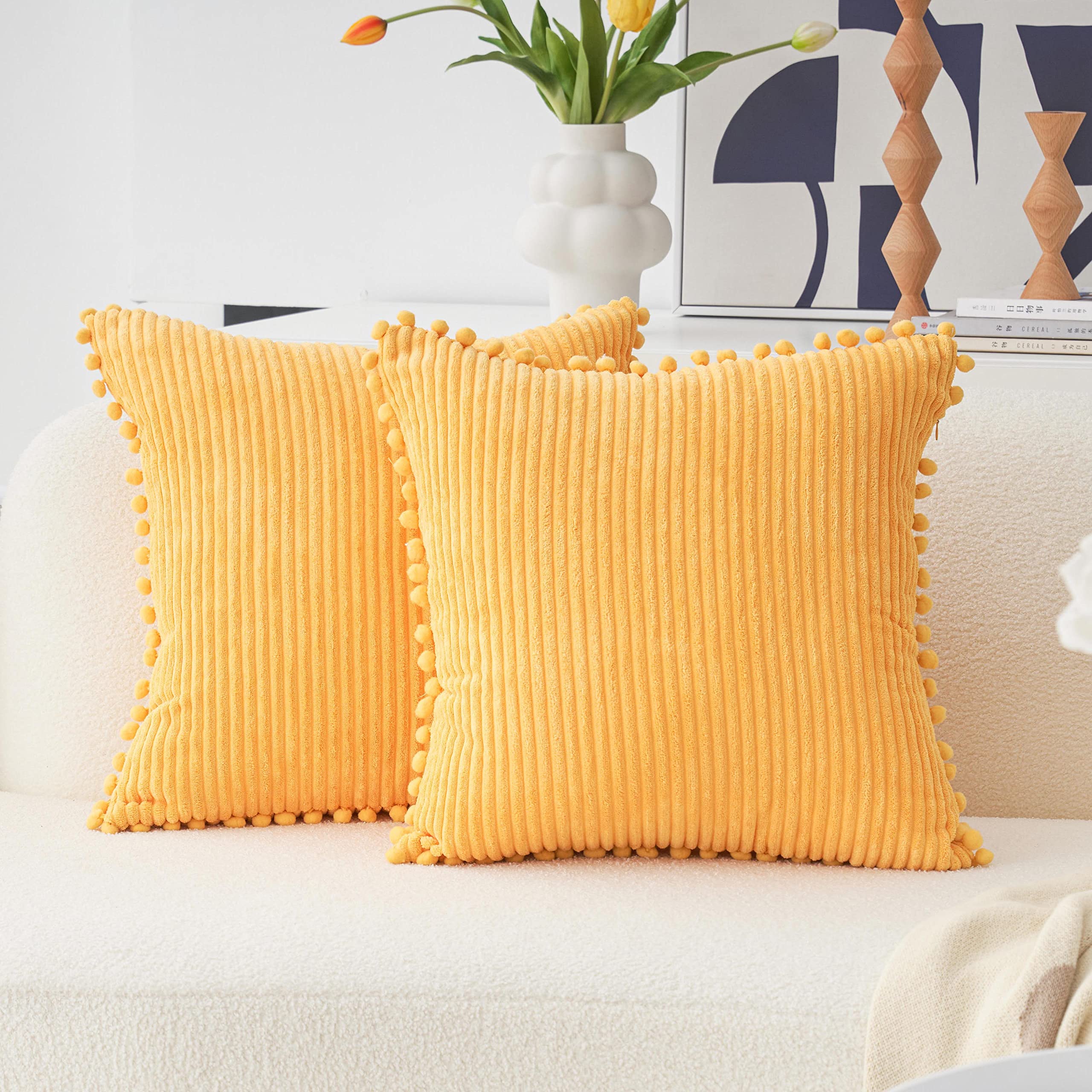 Home Brilliant Yellow Cushion Covers with Pom-poms, Boho Decorations Cushion Cover 45 x 45, Corduroy Decorative Pillows for Scatter Cushions Sofa Bed Summer, 45cm, 18 inch, 2 Pcs, Yellow