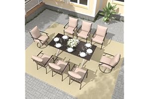 Gotland 9 Piece Outdoor Dining Table and Chairs for 8, Rectangular Patio Dining Table with Umbrella Hole with 2 Swivel Rocking Dining Chairs with Cushions, Lawn Garden Outdoor Table and Chairs