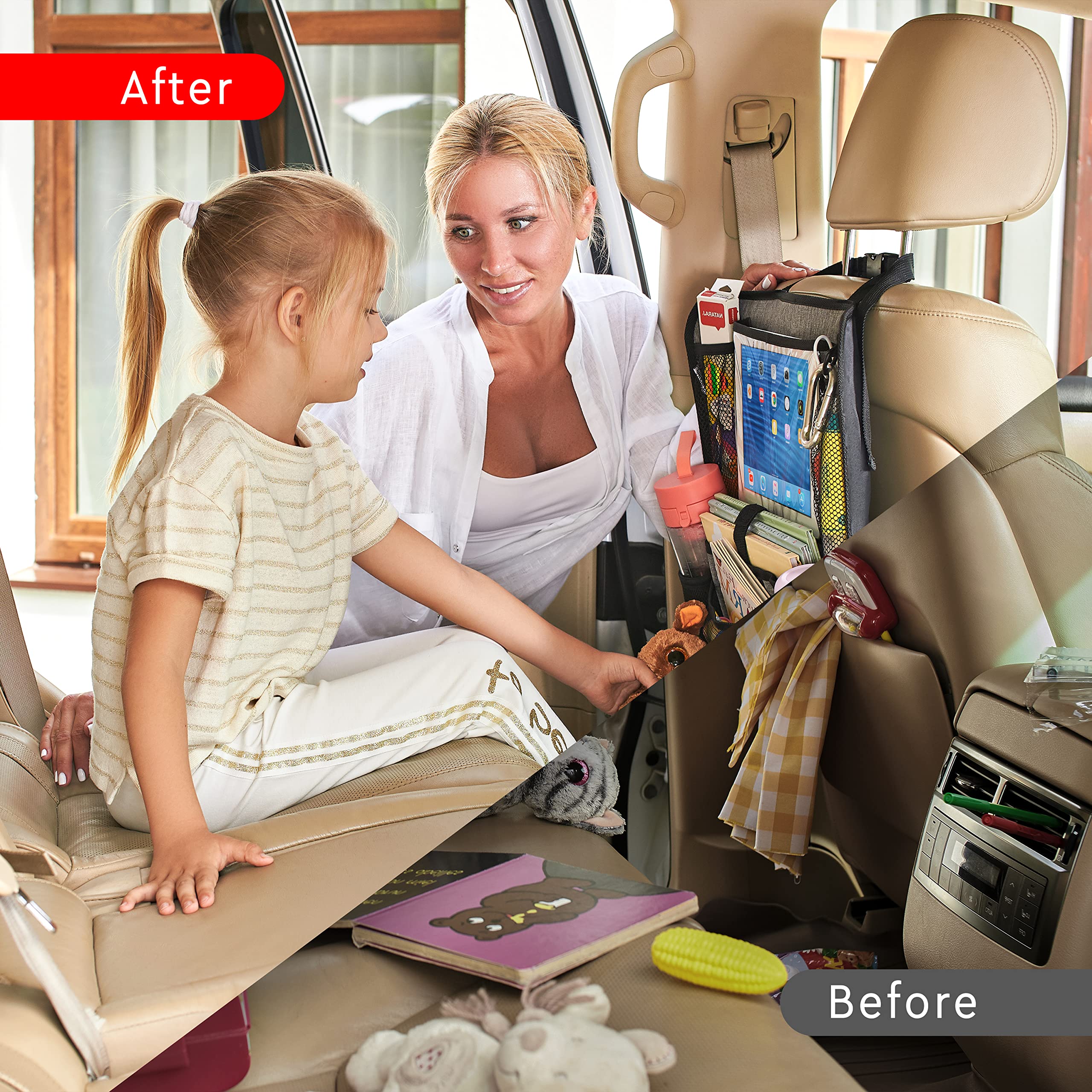 Helteko Backseat Car Organizer, Kick Mats Back Seat Protector with Touch Screen Tablet Holder, Organizer for Kids, Travel Accessories, Mat 9 Storage Pockets 2 Pack