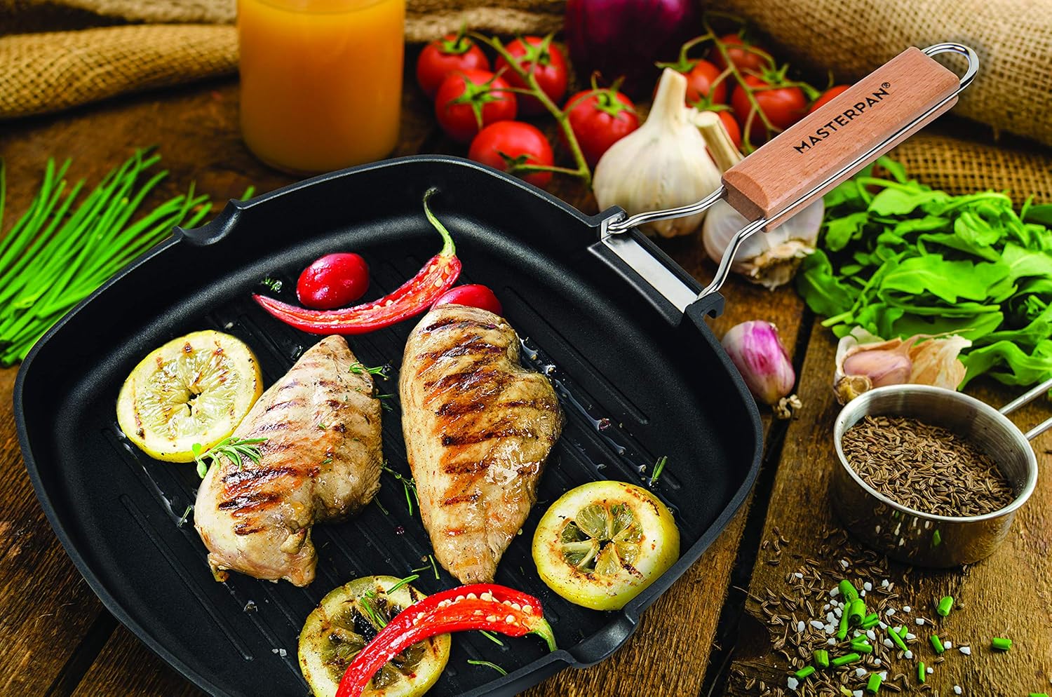MasterPan Non-Stick Grill Pan Wooden, 8", Folding Handles: Kitchen & Dining