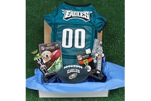 PETS FIRST NFL Philadelphia Eagles PET GIFT BOX with 2 Licensed DOG TOYS, 1 Logo-engraved NATURAL DOG TREAT, 1 NFL JERSEY, 1 NFL Puppy Training Bells & 1 Car Seatbelt