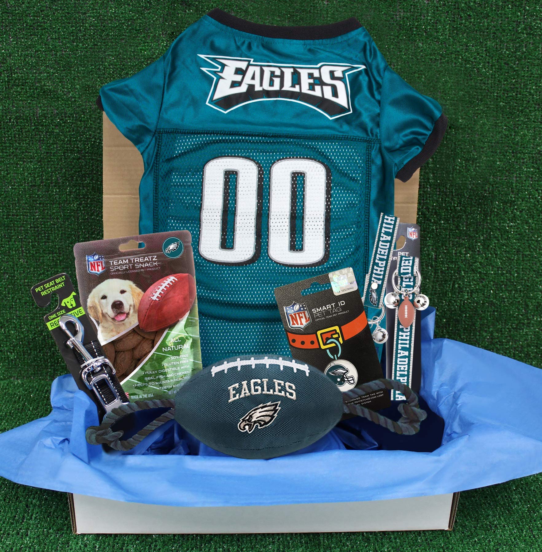 NFL Philadelphia Eagles PET GIFT BOX with 2 Licensed DOG TOYS, 1 Logo-engraved NATURAL DOG TREAT, 1 NFL JERSEY, 1 NFL Puppy Training Bells & 1 Car Seatbelt — image 1