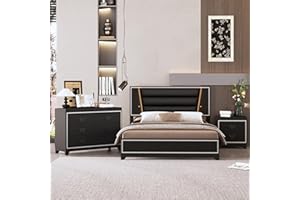 JIVOIT 3-Pieces Bedroom Set, Queen Size Upholstered Platform Bed with Headboard, 2 Drawers Nightstands and 6 Drawers Dresser with Sparkling Shiny Decoration (Black,4)
