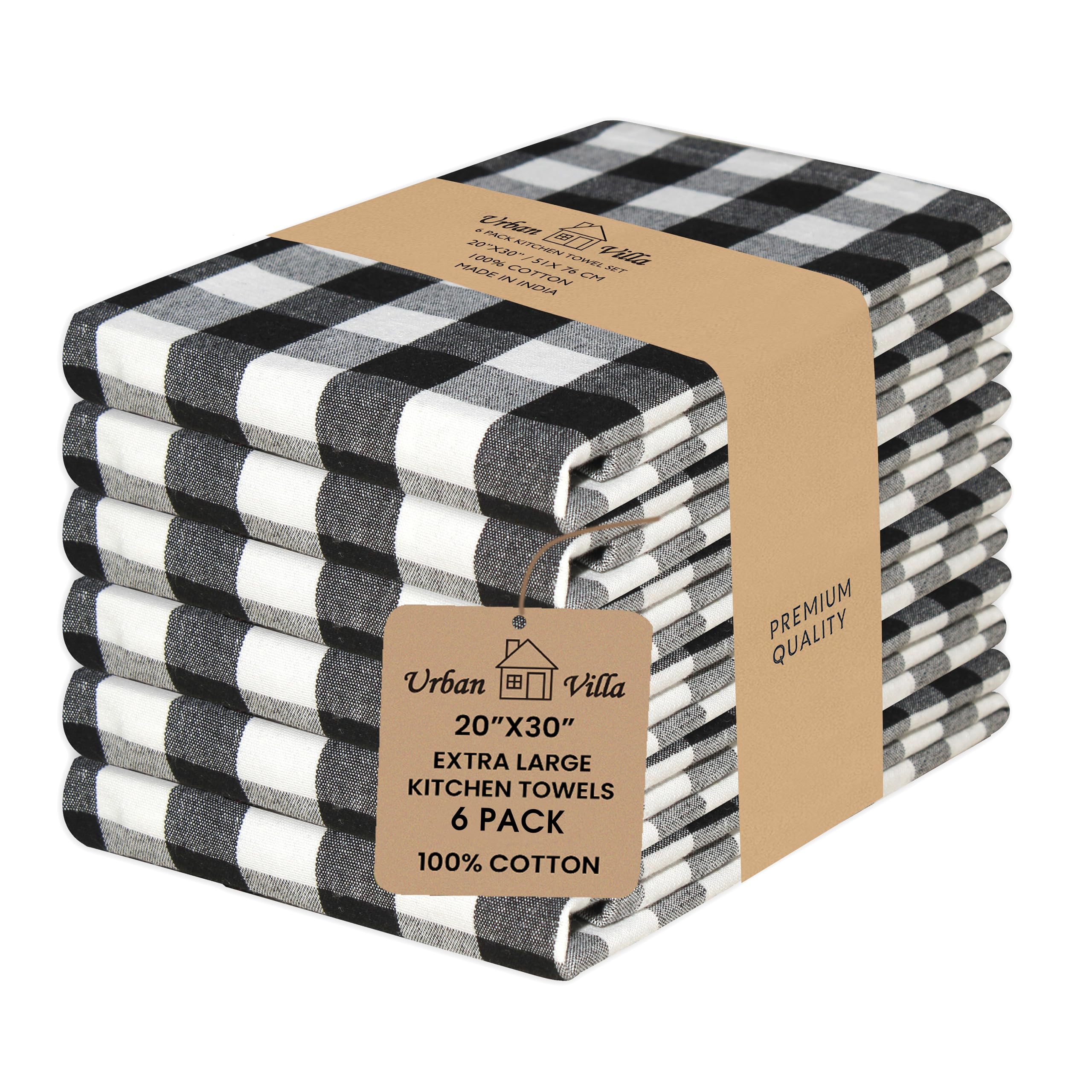 Urban Villa Kitchen Towels, Premium Quality, 100% Cotton Dish Towels,Mitered Corners,Ultra Soft (Size: 51 X 76 CMS), Black/White Highly Absorbent Bar Towels & Tea Towels - (Set of 6)