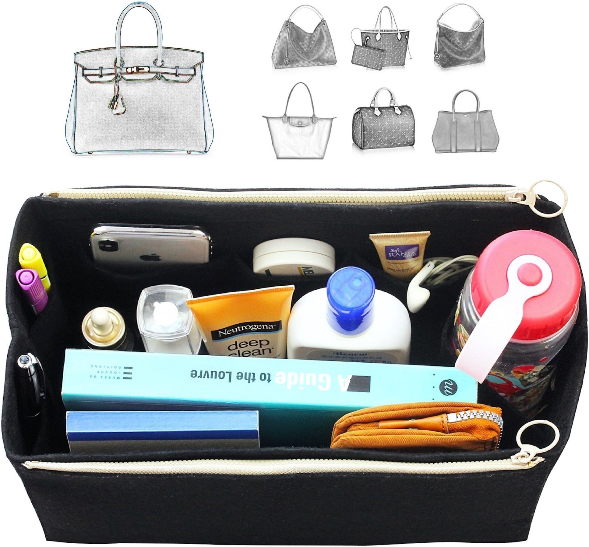[Fits Her.mes Bags] Felt Tote Organizer (w/Double Zipper Pockets), Bag in Bag, Wool Purse Insert, Customized Tote Organize, Cosmetic Makeup Diaper Handbag