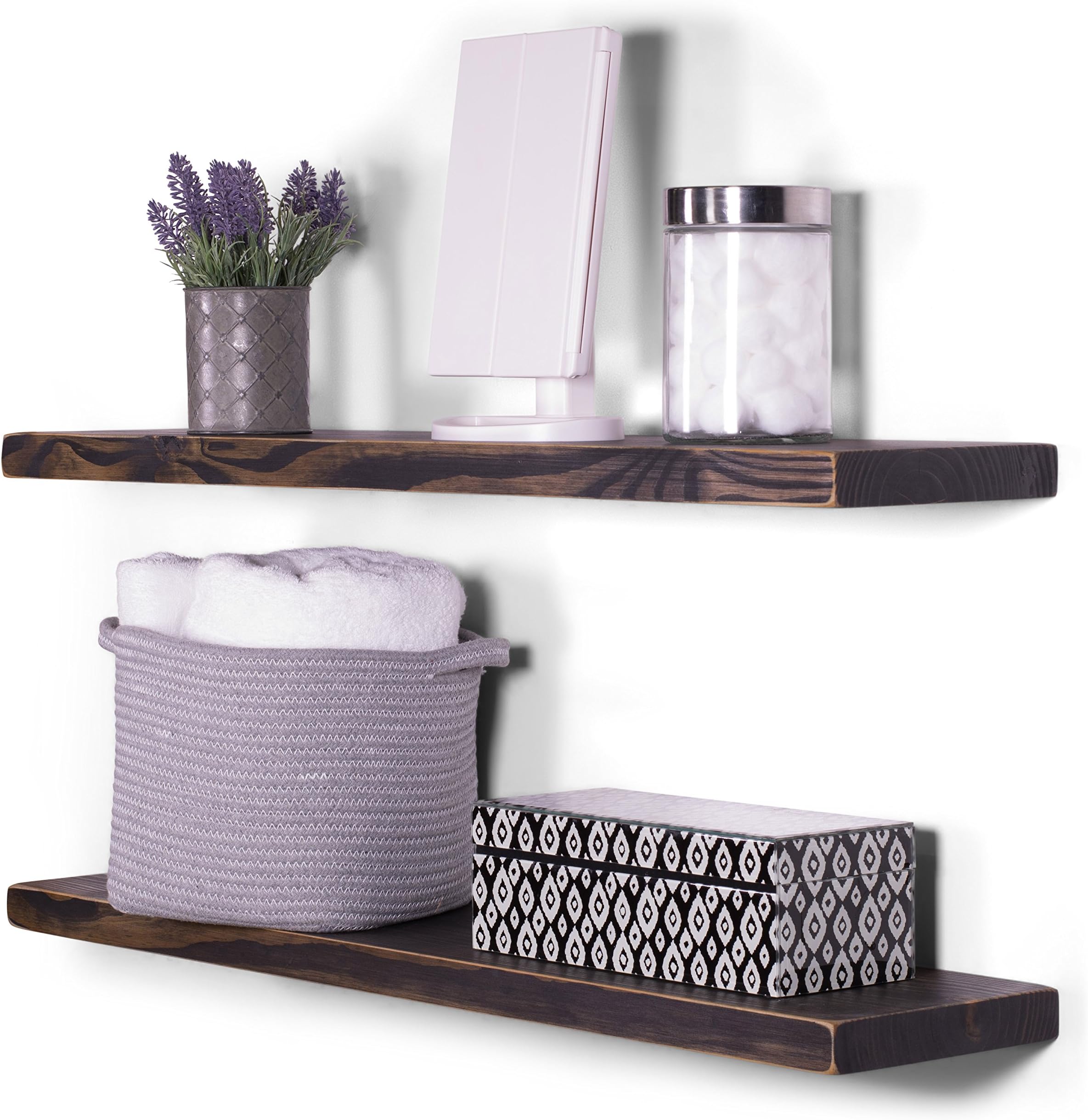 DAKODA LOVE 36" x 8" Weathered Edge Solid Wood Floating Shelves | Premium Handmade Quality | Easy Hidden Bracket Wall Mount | Farmhouse Rustic Pine | Set of 2 (Midnight)
