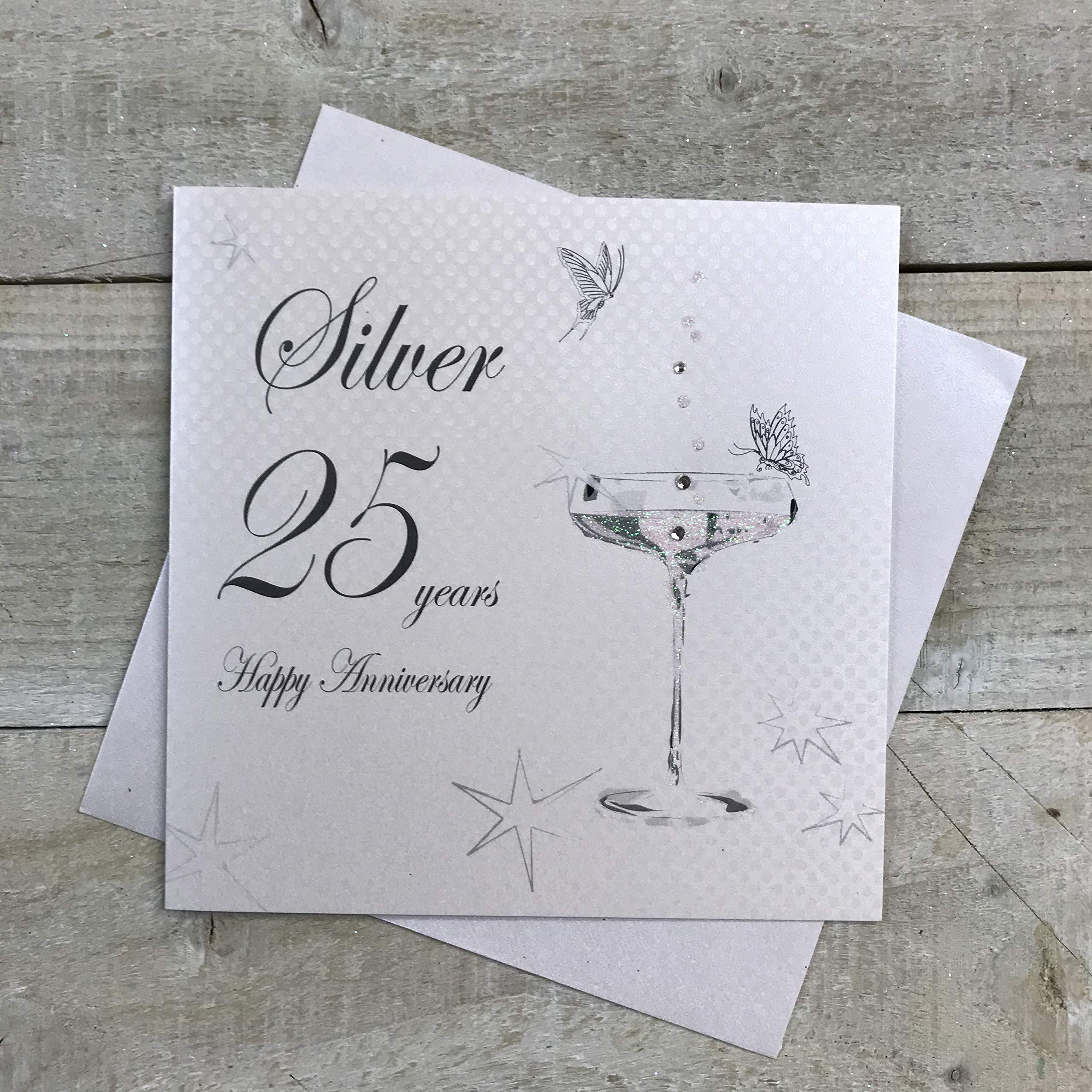 WHITE COTTON CARDS Silver Happy 25 Years Anniversary Handmade Card, bd125c,16cm x 16cm