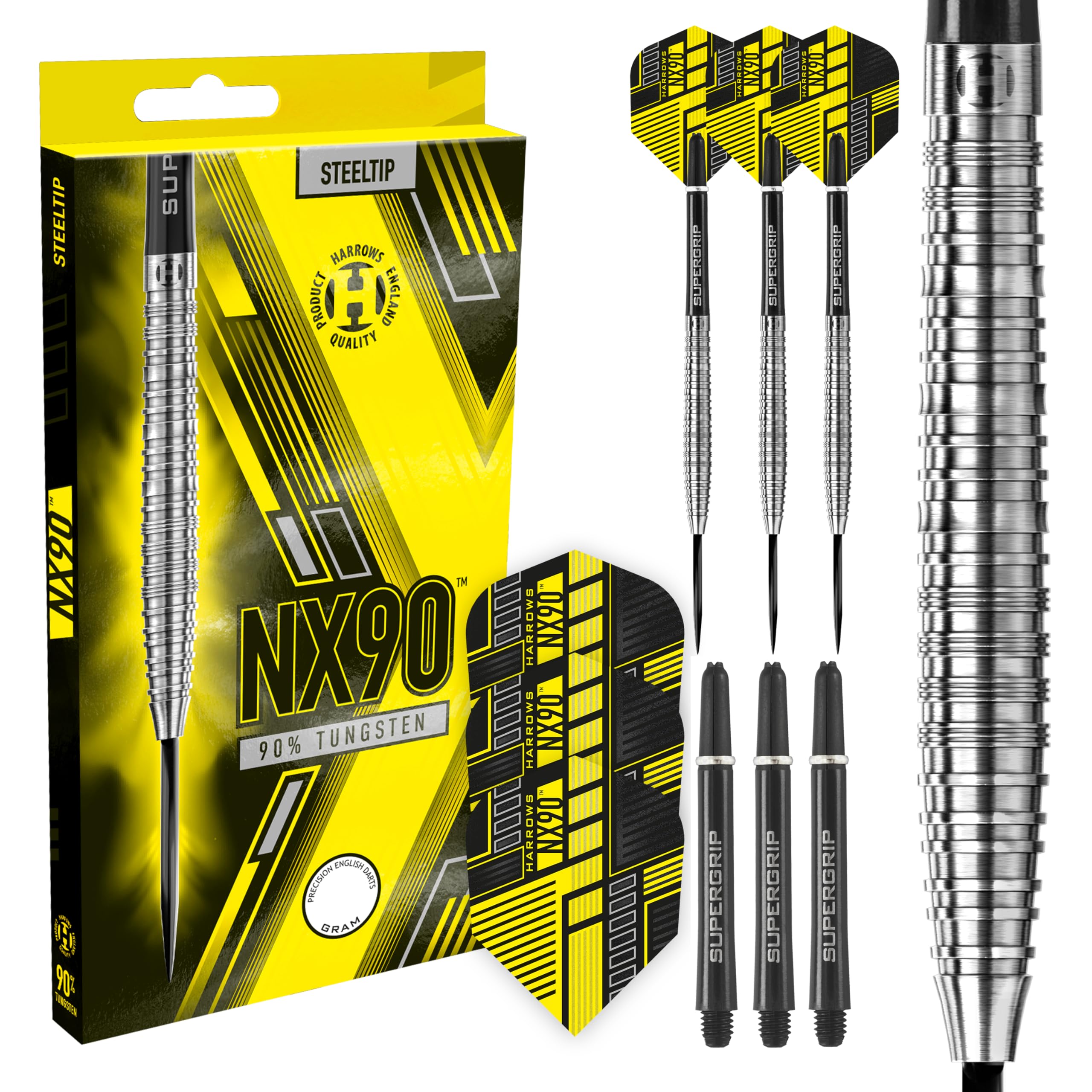 Harrows NX90 Tapered 90% Tungsten Steel Tip Darts Set (21g) - Includes Black Supergrip Midi Shafts | Professional Darts