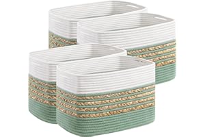 UBBCARE 4 Pack Baskets for Organizing, Woven Storage Baskets for Toys and Towel, Rectangle Cotton Rope Basket with Handles, 14''L x 8''W x9''H, Green