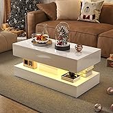 Verano Garden Modern High Gloss LED Coffee Table, 2-Tier Center Table | 39.4" Rectangle Storage Table, Open Display Shelf, 2 Sliding Drawers, Light Strip, Double-Layer, Living Room, Bedroom, White