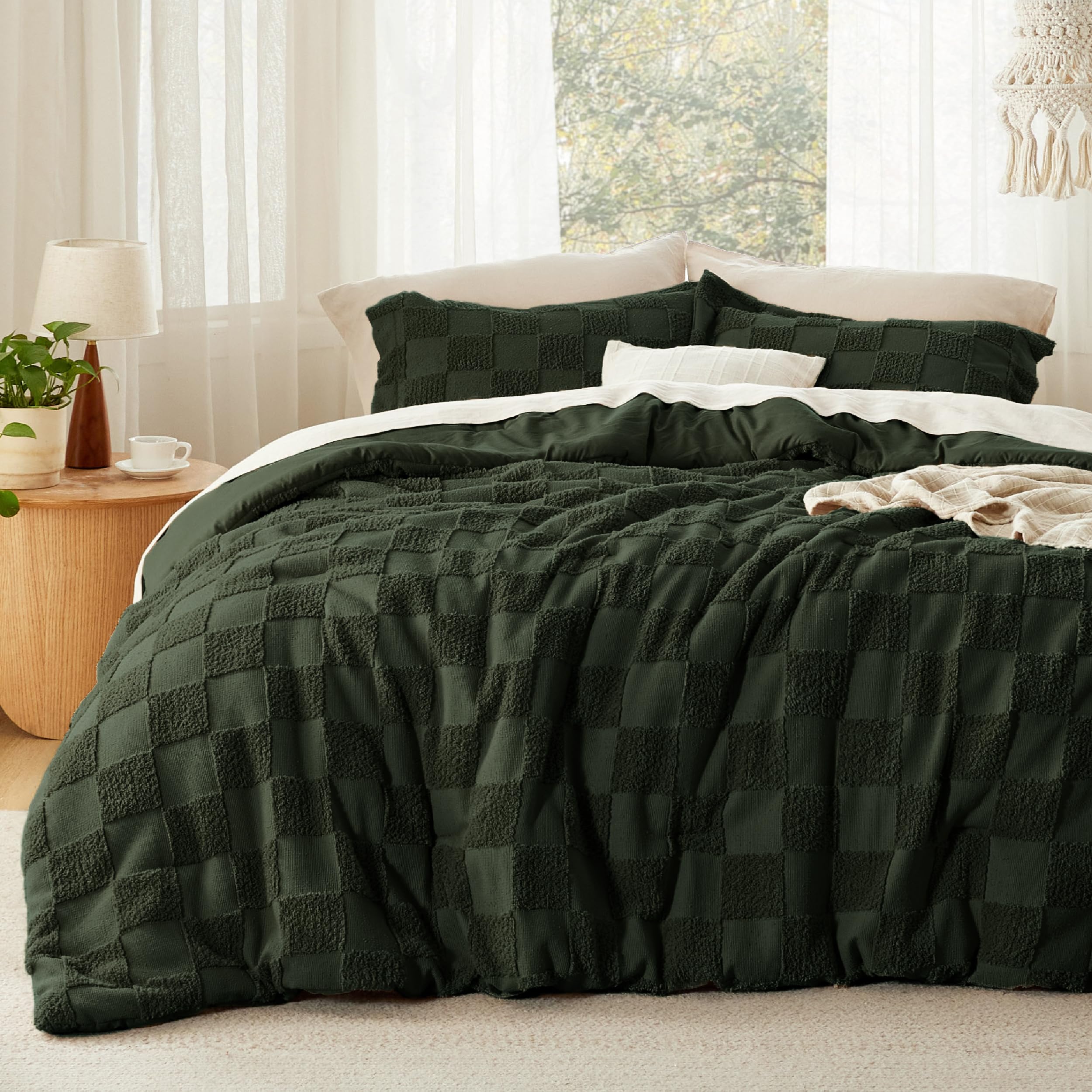 Photo 1 of Bedsure Twin/Twin XL Size Comforter Set Dark Olive Green, Boho Tufted Bed Set, Checkered Farmhouse Shabby Chic Bedding, 2 Pieces, 1 Plaid Geometric Comforter and 1 Pillow Sham