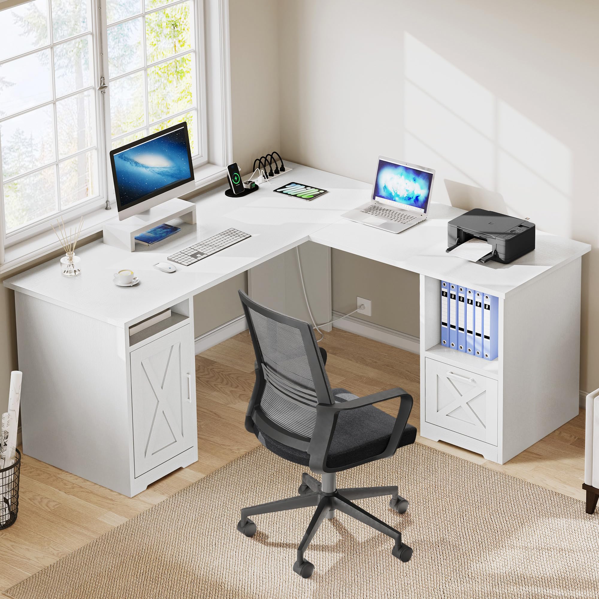 Photo 1 of DWVO L Shaped Desk with File Drawer, 60" Corner Computer Desk with Power Outlets, Home Office Desk with Monitor Stand & Storage Shelves & File Cabinet, White
