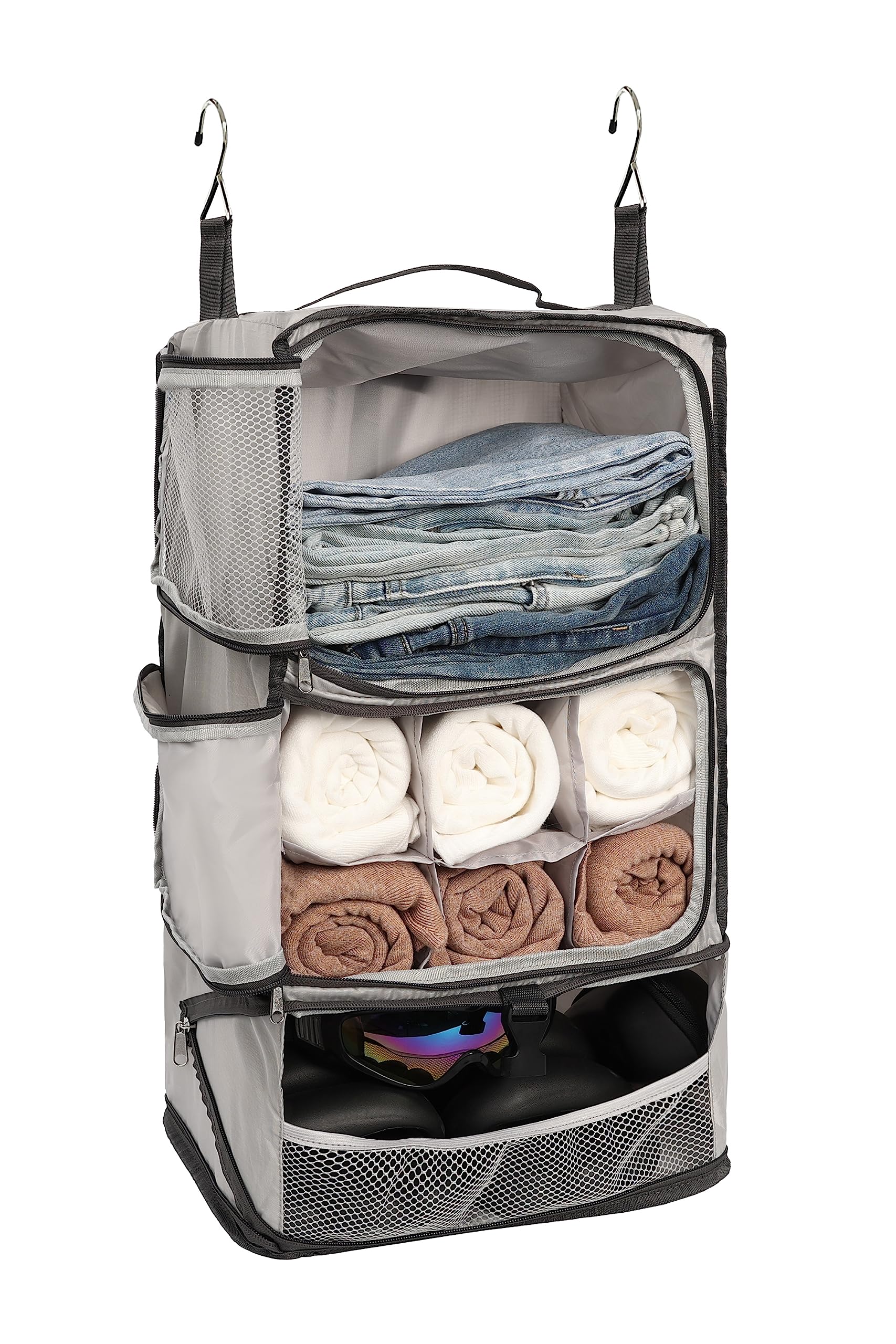 ELEZAY Hanging Packing Cubes Portable Closet 3-Shelf Travel Collapsible Compression Garment Organiser for Carry-on Luggage Suitcase Space Saver Bag X-Large_No Side Pockets, Lightgrey
