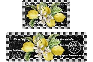 CHIINVENT Lemon Kitchen Mat Set of 2 Anti Fatigue Kitchen Rugs Black and White Buffalo Plaid Comfort Standing Cushioned Kitchen Rugs and Mats Set for Kitchen Sink Laundry Room Office, 17.3" x28" + 17.3" x 47"