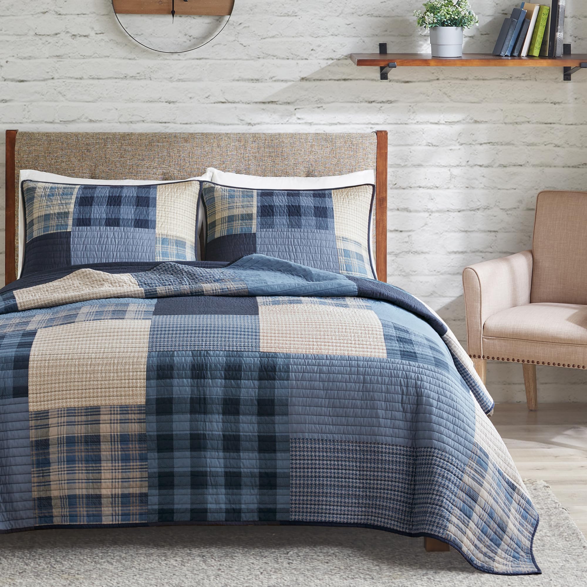 WOOLRICH Quilt Set Patchwork Channel Quilting, Cottage Coverlet for Twin Size Bed All Seasons, Lightweight Prewashed Cotton Coverlet Bedspread, Shams, Winter Hills, Oversized Twin/Twin XL Blue 2 Piece Image