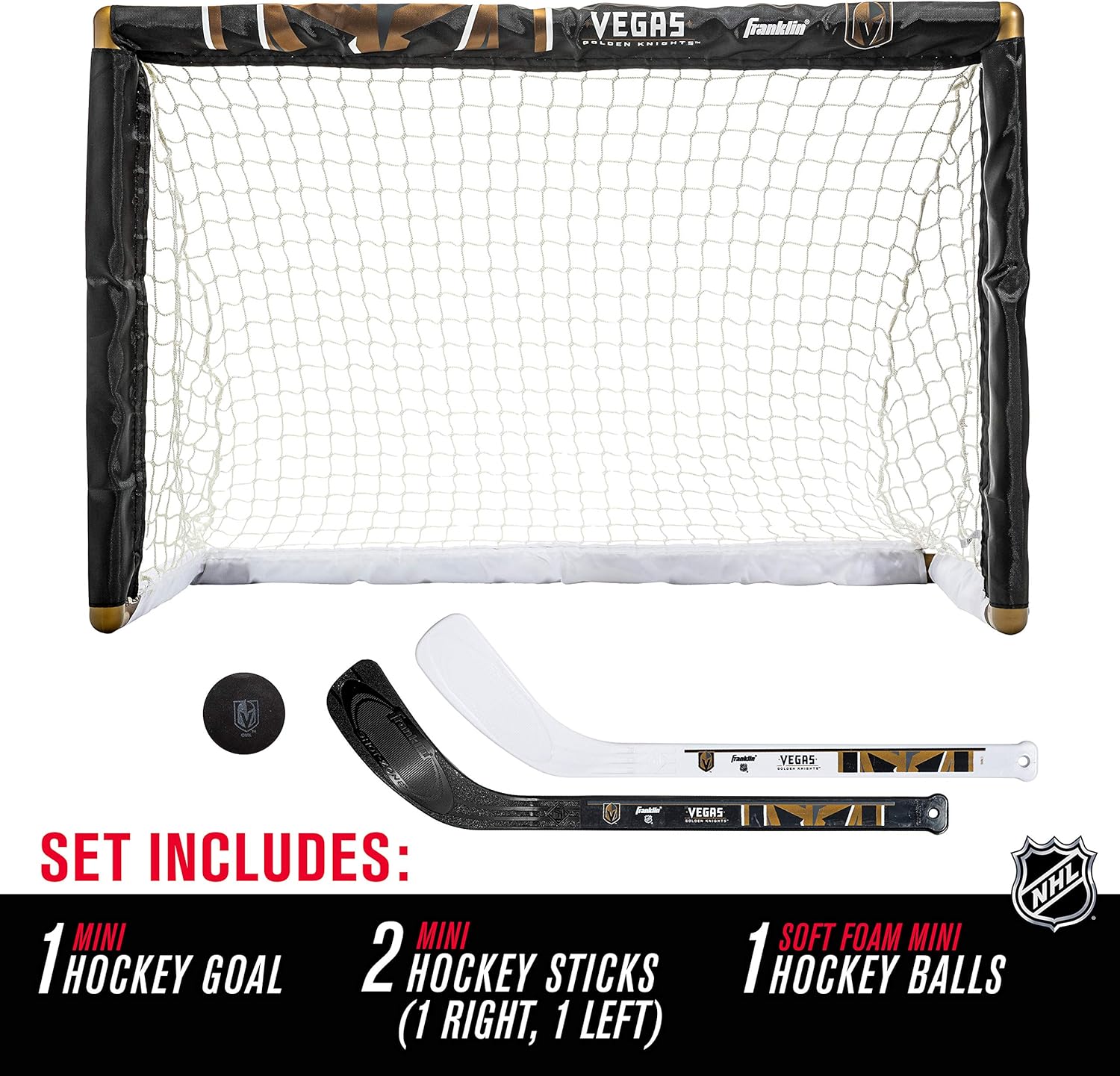 Franklin Sports Vegas Golden Knights Mini Hockey Set - Knee Hockey Goal, Ball, & 2 Hockey Stick Combo Set - Mini Goal Net - NHL Official Hockey Set : Sports & Outdoors