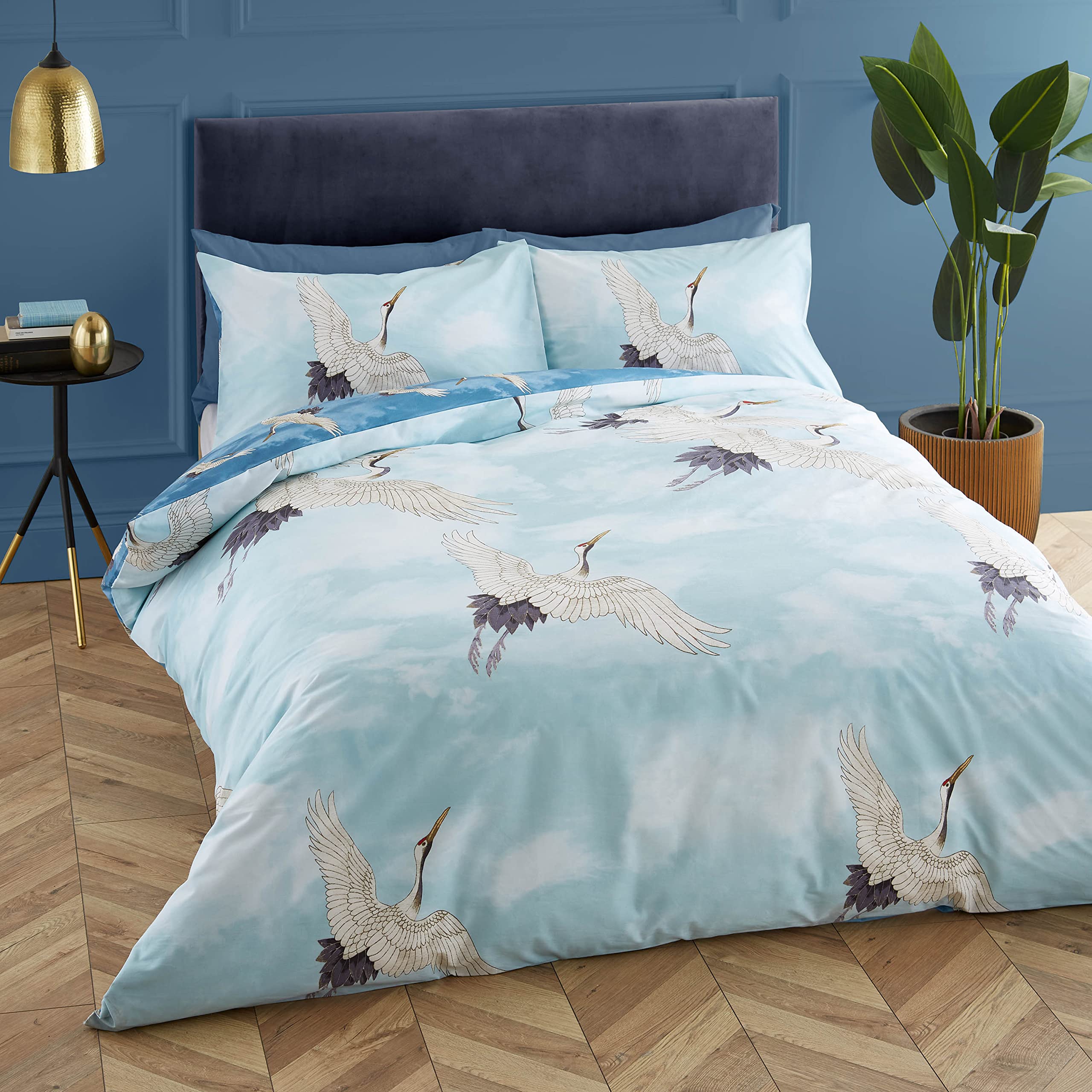 Catherine Lansfield Bedding Cranes King Duvet Cover Set with Pillowcases Duck egg Blue