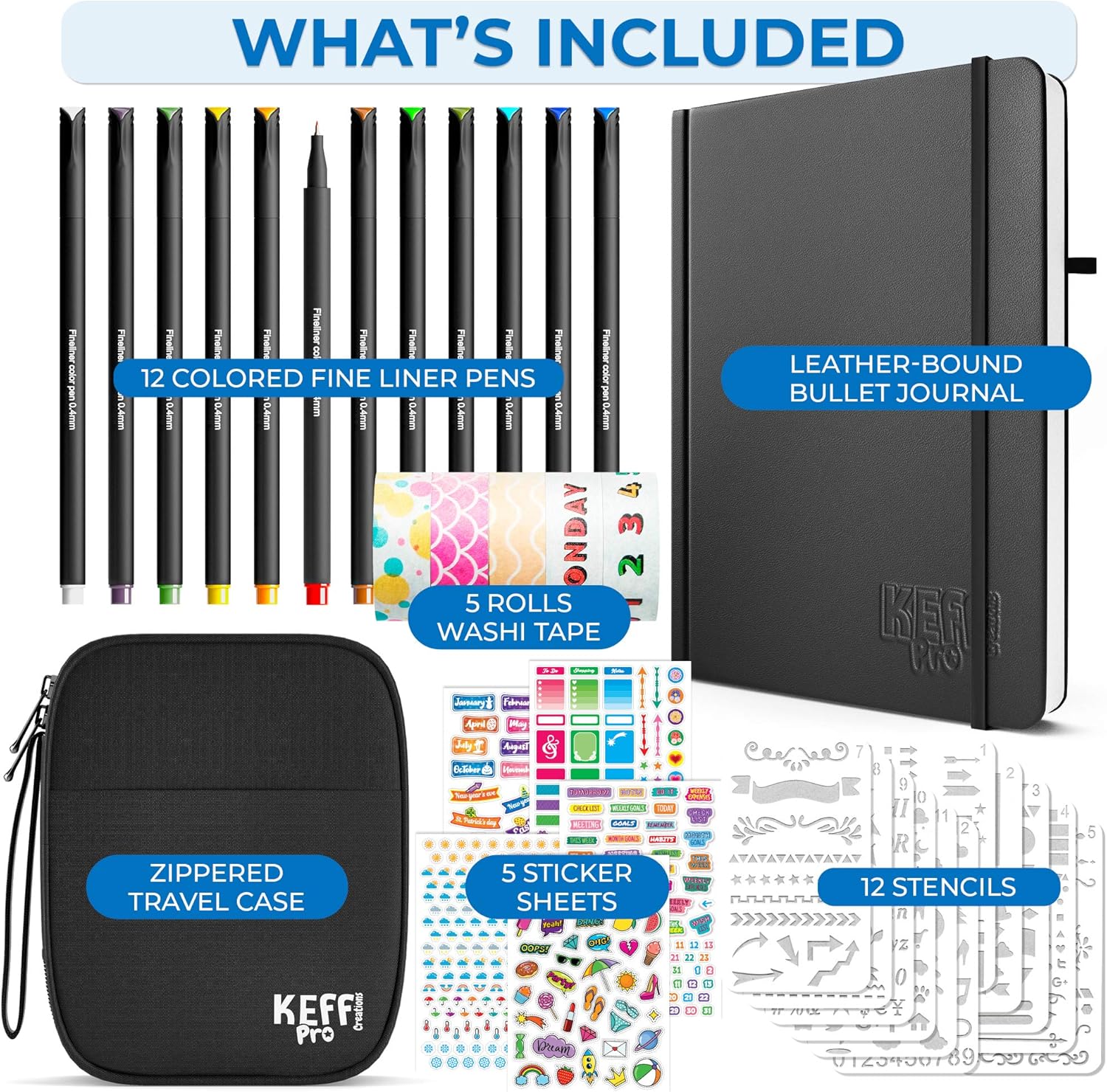 Keff Creation Dotted Journal Kit, Journaling Kit with All Dotted Journal Supplies-Journal case no-Bleed Dotted Notebook, Fineline Colored pens, Stencils, Stickers, washi Tape for Diary Schedule Plan : Office Products
