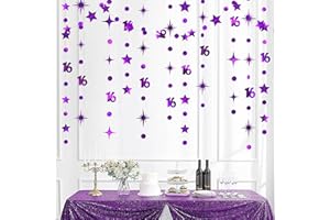 PINKBLUME Purple Number 16 Circle Dot Twinkle Star Garland Kit Metallic Hanging Streamer Bunting Banner Backdrop Decorations for Girls Boys 16th Birthday Sweet Sixteen Wedding Anniversary Bridal Shower Party