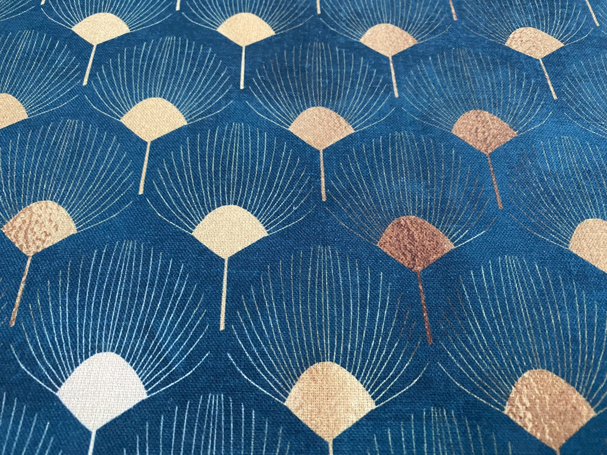 Generic Art Deco Golden Peacock Fans Geometric Damask Floral Fabric Fountain Leaf Curtains Upholstery Home Decor - 140cm Wide - Teal Blue & Gold (1 Metre)