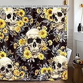 AMBZEK Skull Floral Shower Curtain 72Wx72L Inch Gothic Spooky Skeleton Scary Retro Flower Leaves Plant Yellow Flower Goth Artwork Cloth Fabric Waterproof Polyester Bathroom Decor Set with 12 Pack Hook