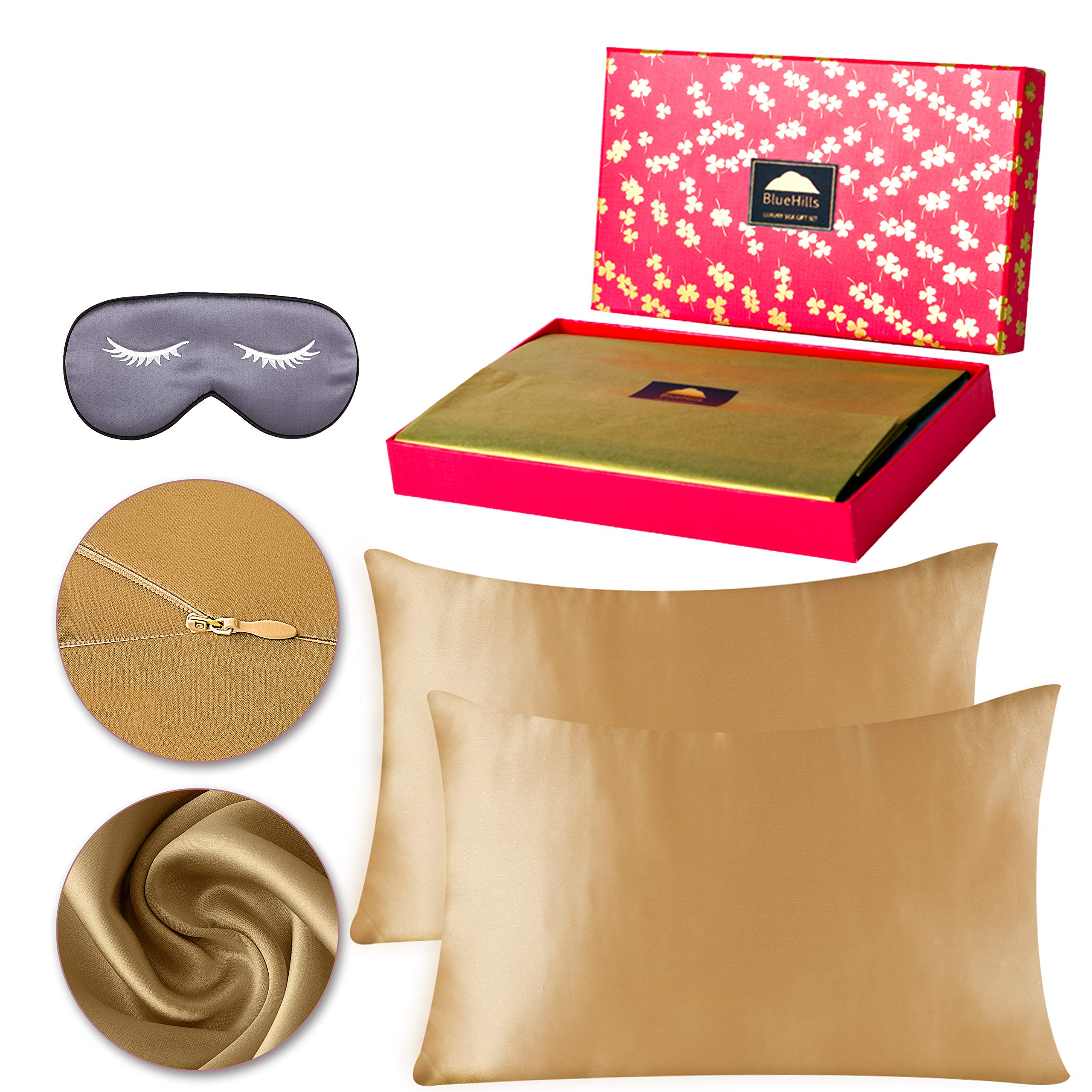 BlueHills 22 Momme 100% Pure Mulberry Natural Soft Both Sides Silk Pillowcase for Hair and Skin Hidden Zipper Premium Super Soft Silk Pillow Case High Grade 6A (Gift Pack 3 Piece Standard, Gold)