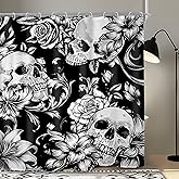 SVBright Black White Skull Shower Curtain 72Wx72L Inch Gothic Halloween Skeleton Flower Floral Vintage Scary Spooky Mystic Unique Cool 12 Pack Hooks Polyester Waterproof Fabric Bathroom Bathtub Panels
