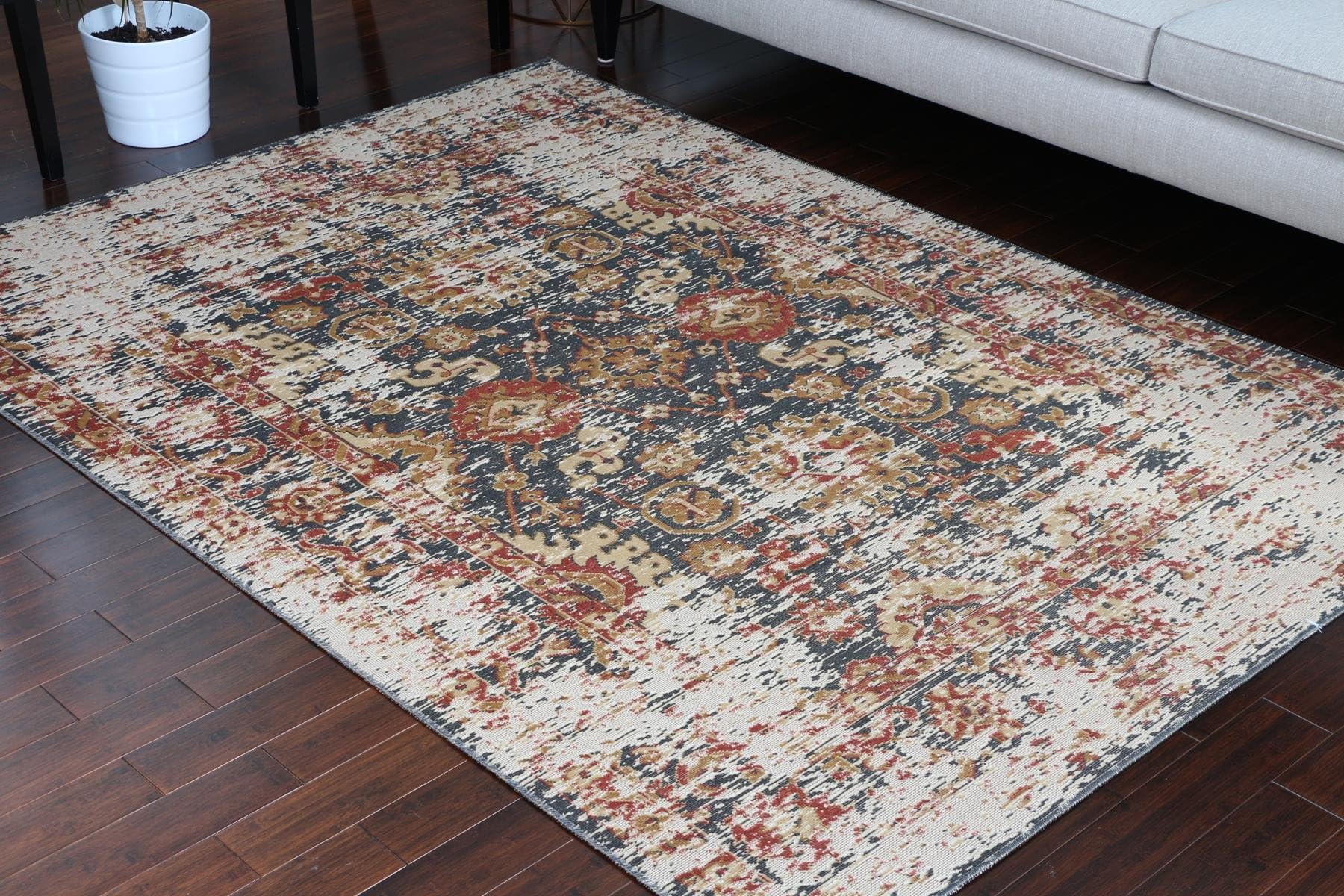 Rustic Collection Antique Style Wool Exposed Cotton and Jute Oriental Carpet Area Rug Rugs Charcol Rust Beige 7006 Black 5x7 6x8 5'2x7'4