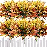 Lyrow 16 Pieces 17 in Artificial Tall Grass Plastic Fake Outdoors Plants Faux Bushes UV Resistant Greenery Shrubs for Home Garden Pathway Front Porch Decor (Yellow,Orange Red)