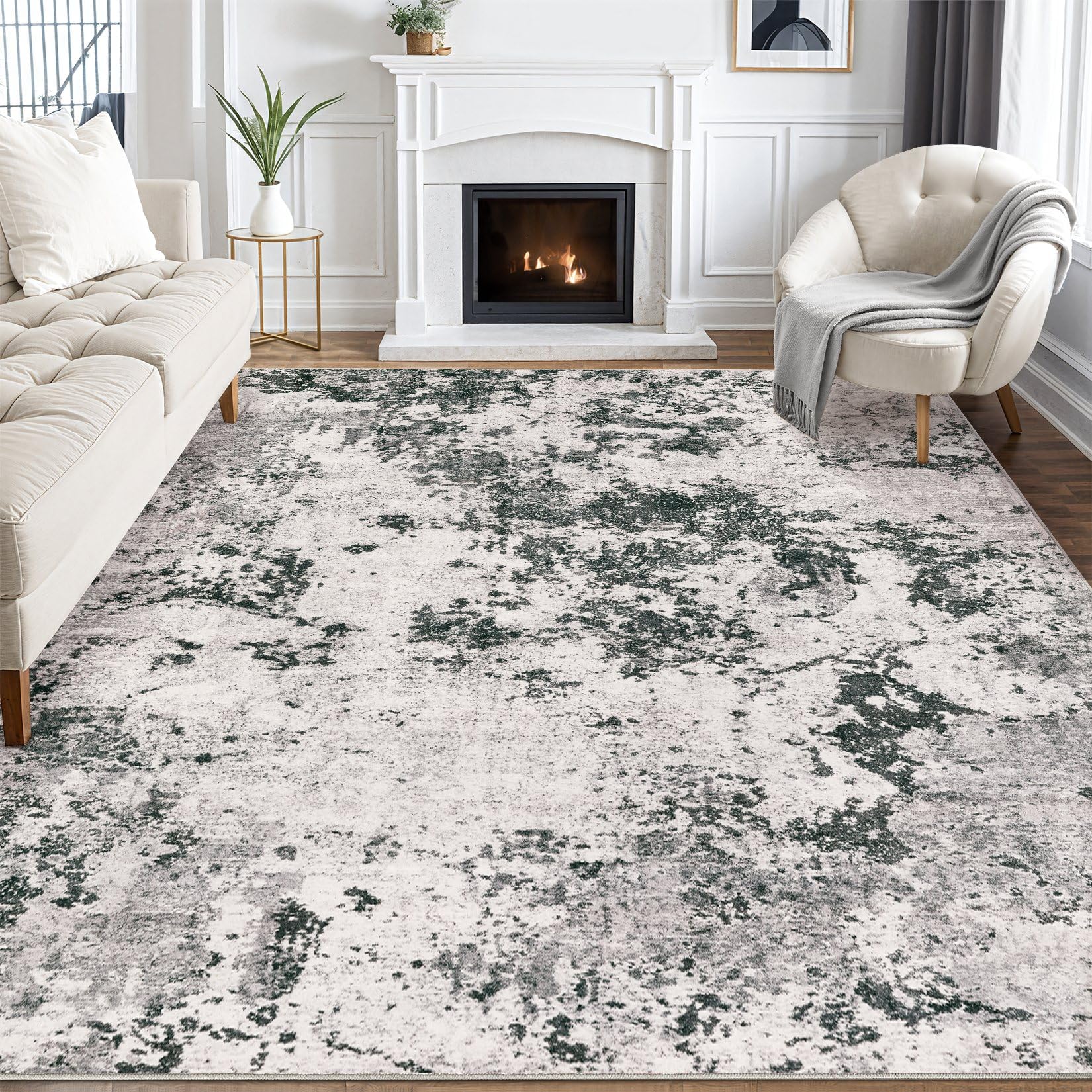 Area Rugs for Living Room: 10x14 Abstract Washable Rug Large Soft Stain Resistant Non-Slip Backing for Bedroom Dining Room Indoor Home Office Carpet for Kids Pet Friendly Families - Dark Grey