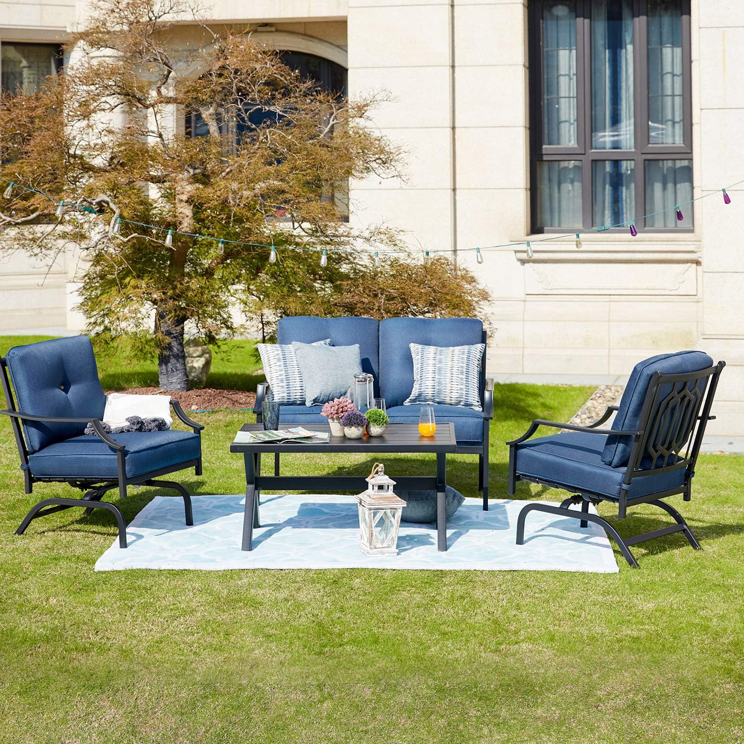Festival Depot 2 Of Outdoor Patio Bistro Rocking Chairs With Cushions Set Premium Fabric Metal Frame Furniture Set Garden Dining Seating Chair Thick Soft Cushions Blue Patio Dining Chairs Patio Lawn