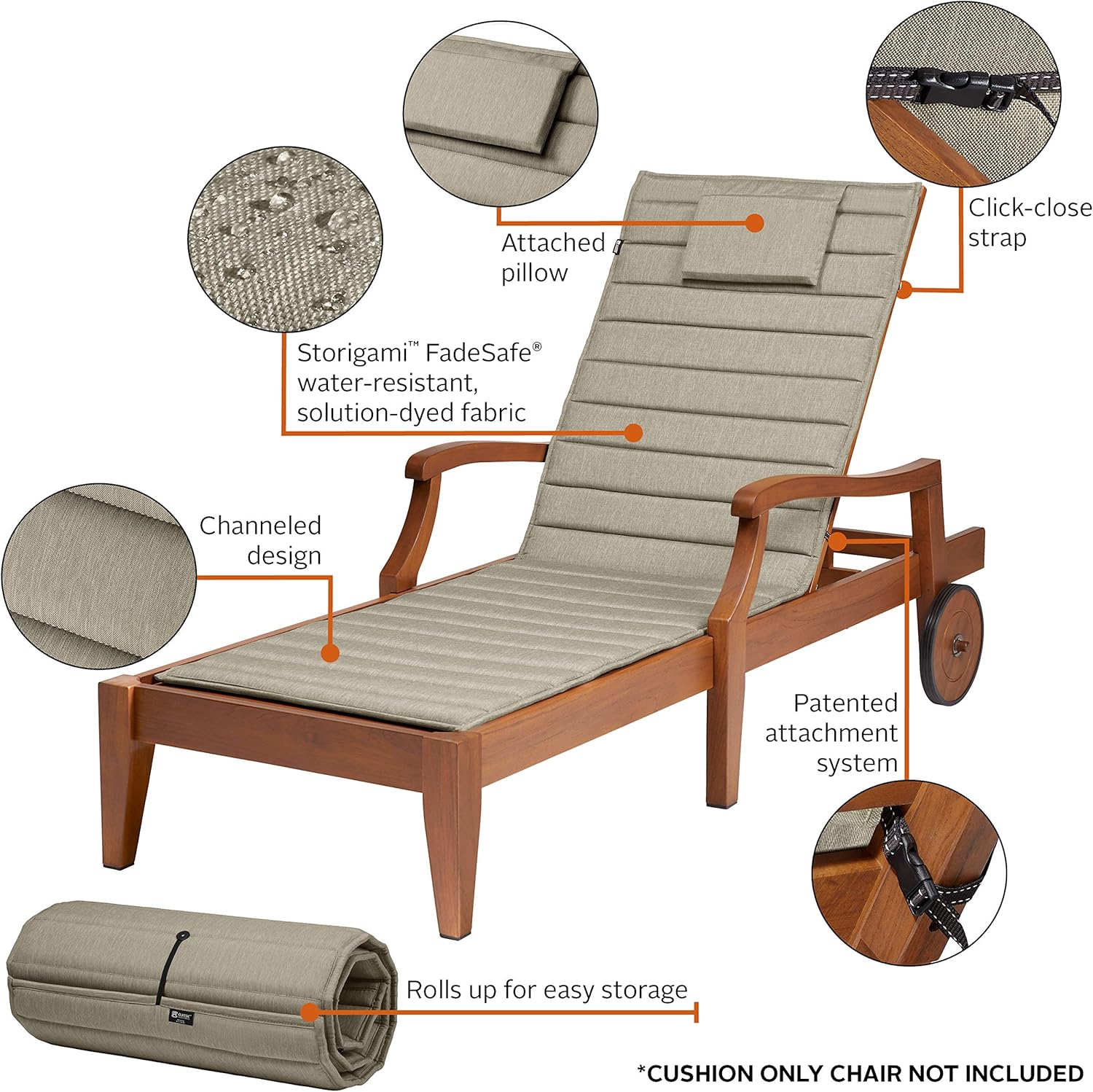 Classic Accessories Storigami Water-Resistant 74 x 23 Inch Chaise Lounge Cushion, Heather Grey: Garden & Outdoor