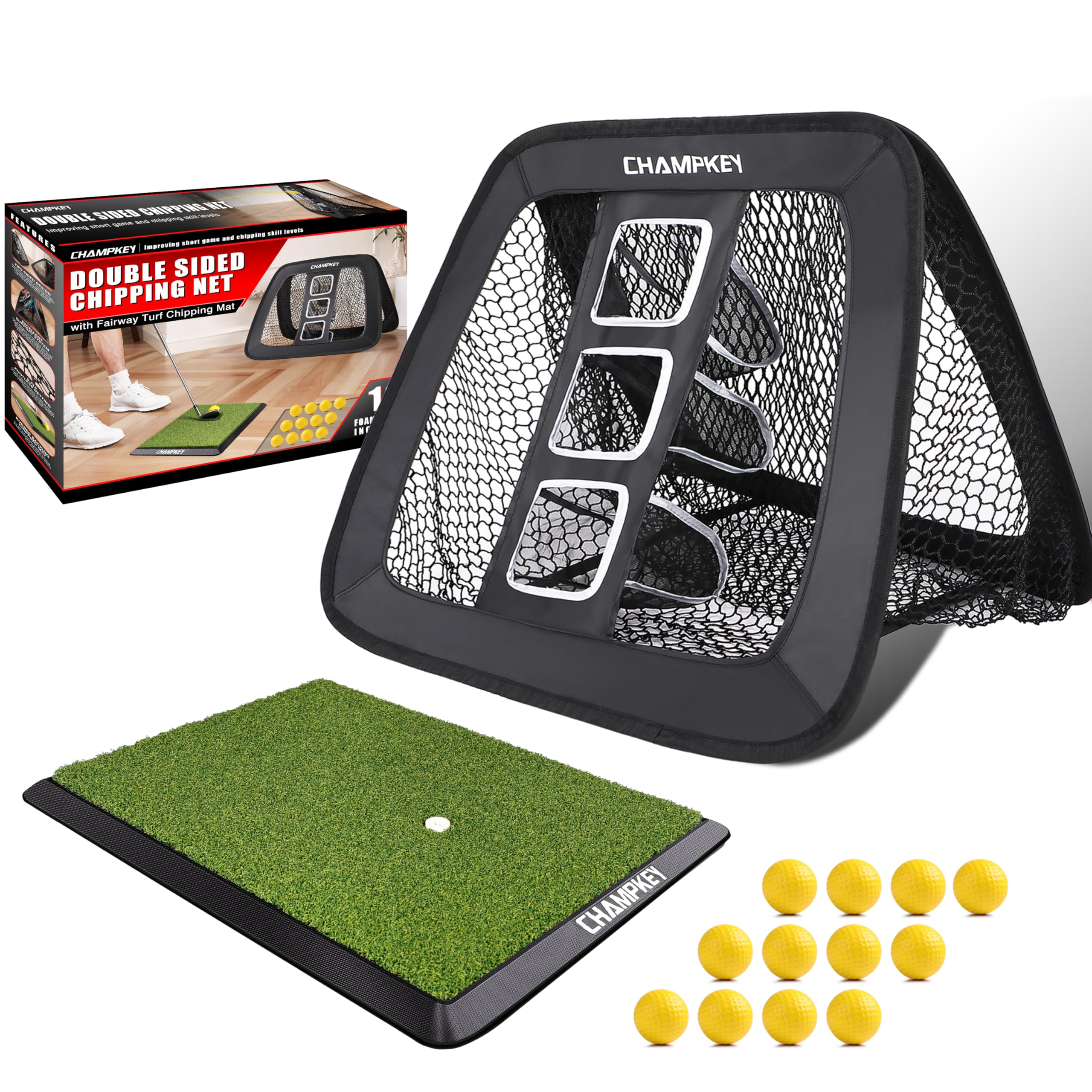 Champkey PRO Golf Chipping Net with 12 Foam Balls | Collapsible Golf Target Chipping nets | Improves All Chipping Skill Levels Nets Ideal for Indoor and Outdoor Training (Net & 12 Balls)
