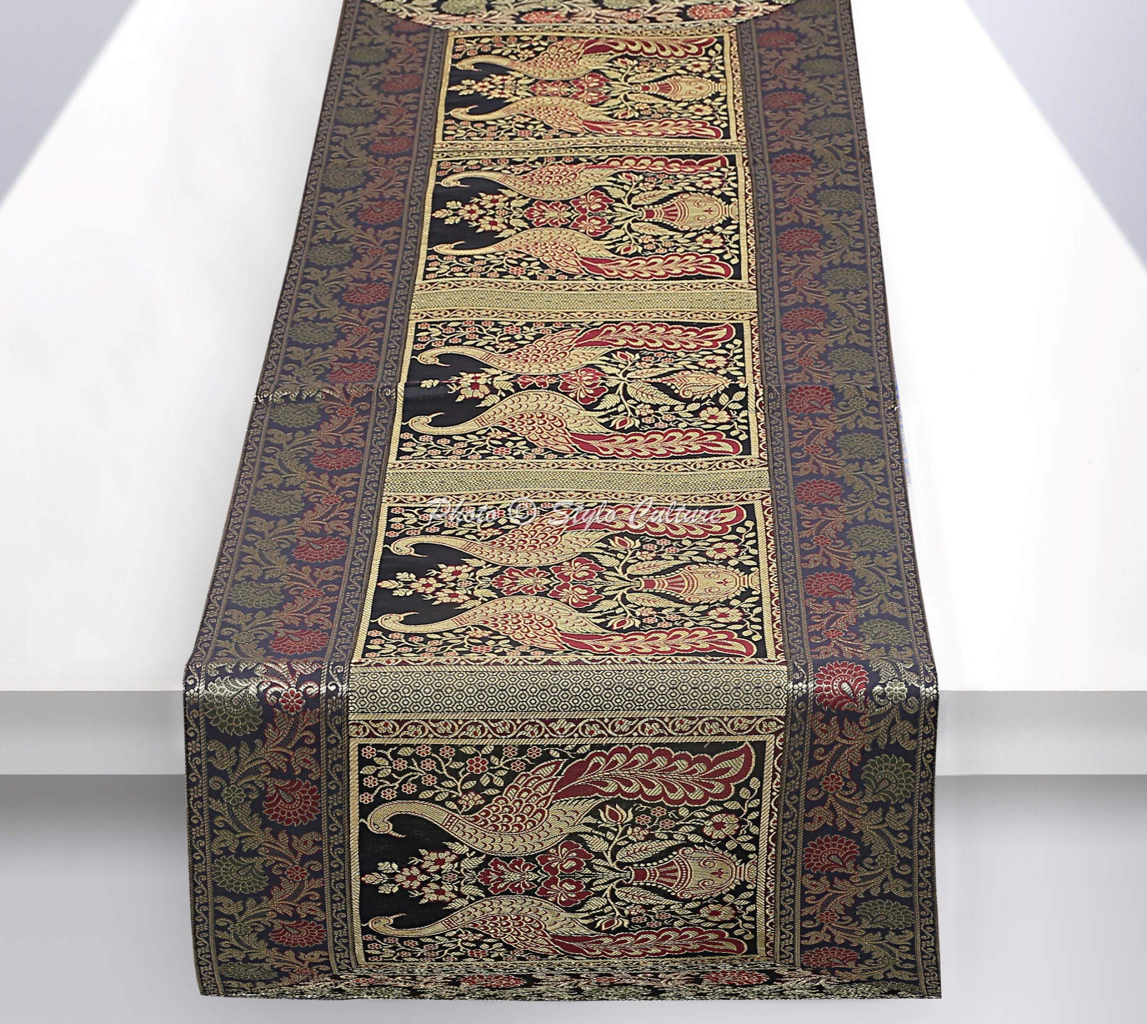 Stylo Culture Ethnic Extra Long Table Runner Black Gold Peacock Floral Brocade Jacquard Rectangle Home Decor Bohemian Long Wedding Table Cloth | 60x16 Inches ( 152 x 40 cm)