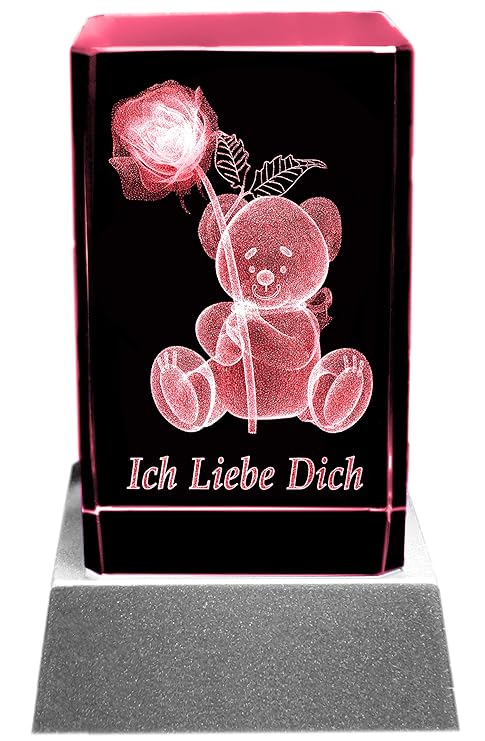Kaltner Präsente Stimmungslicht – Ein ganz besonderes Geschenk: LED Kerze/Kristall Glasblock / 3D-Laser-Gravur Teddy Rose ICH