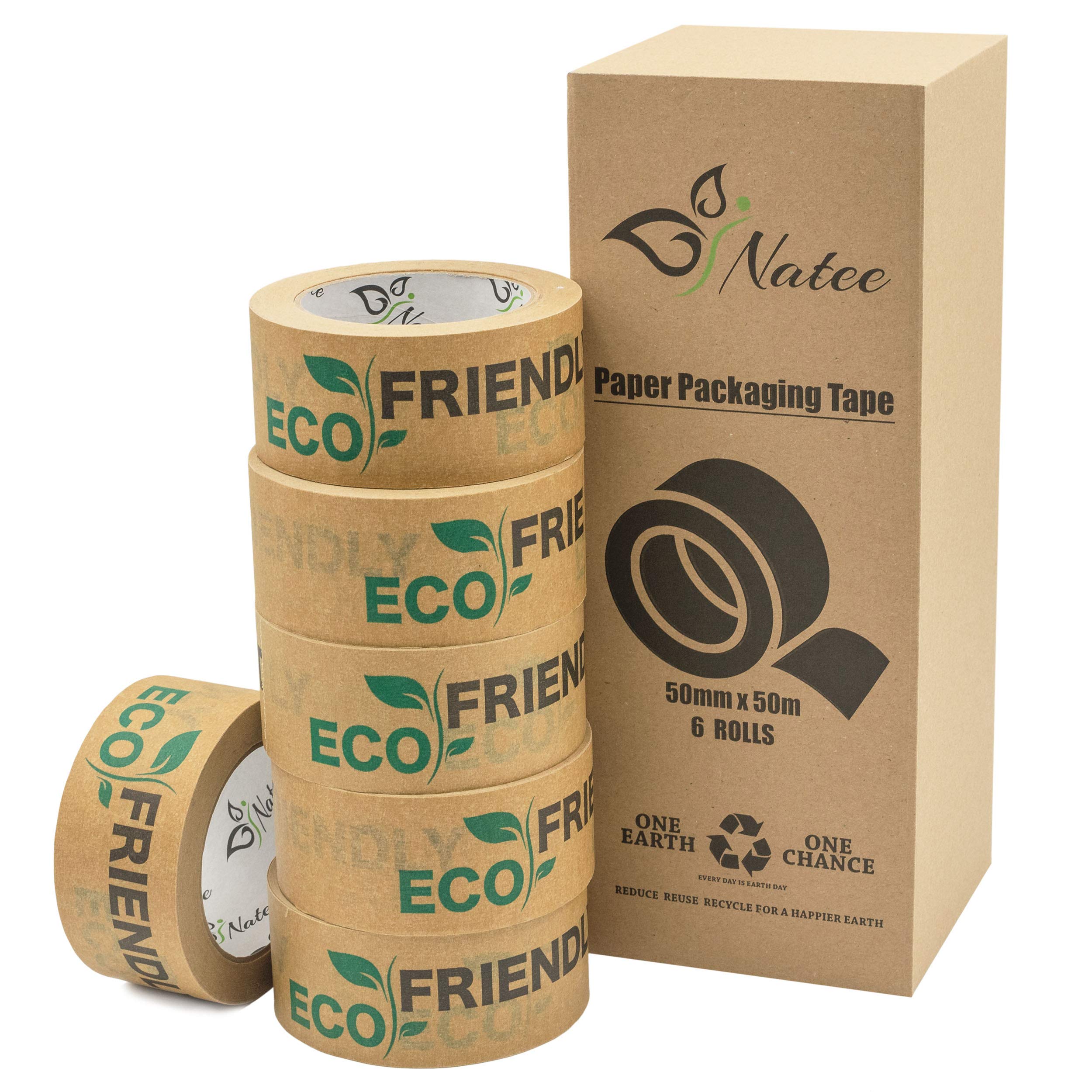 NATEE® Paper Packaging Tape | Fully Recyclable Tapes | Eco-Friendly Printed Kraft Paper for Packing Parcels and Boxes | Brown Paper Packaging for Moving House | Strong Sticky Roll 50m x 50mm | 6 Rolls